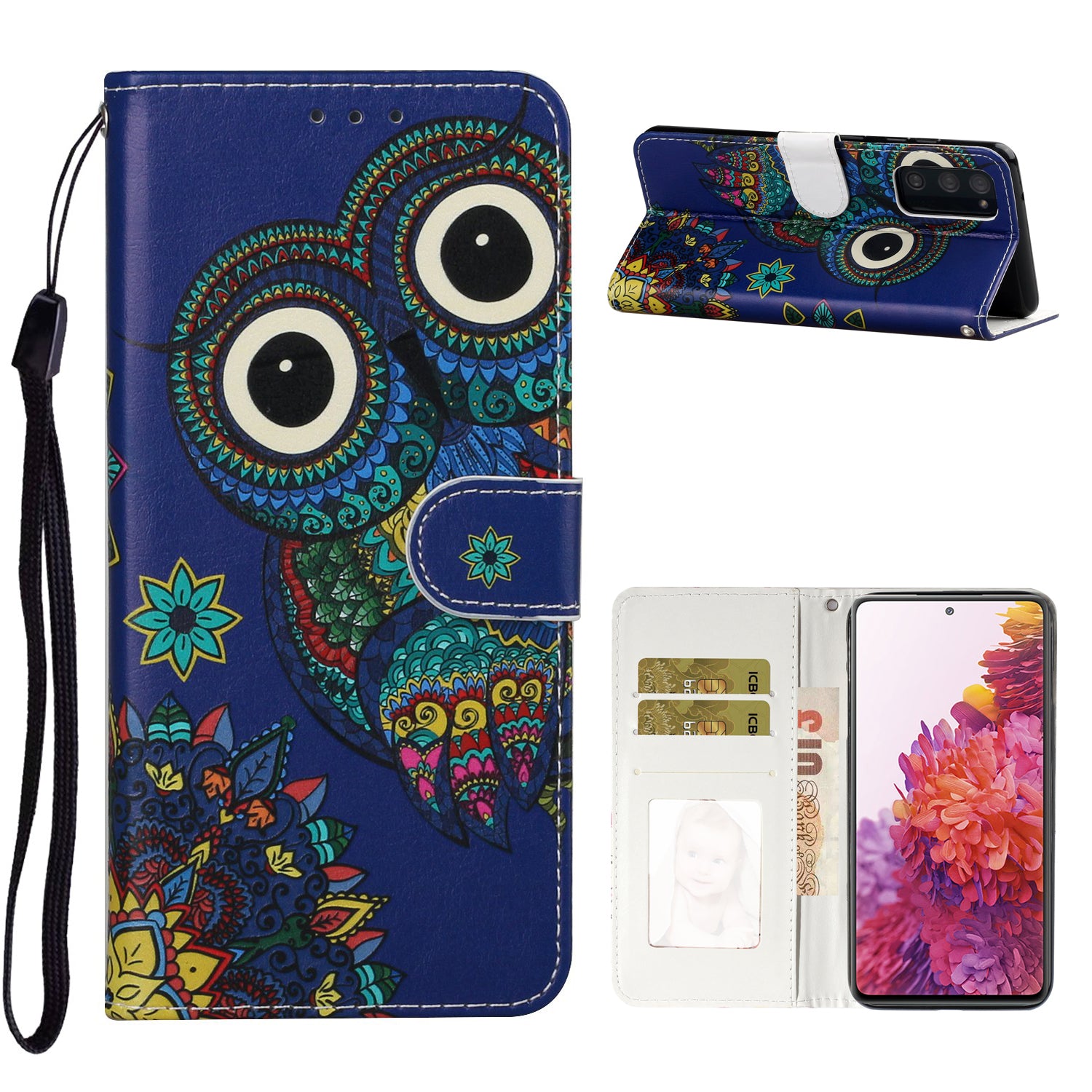 For Samsung Galaxy S20 FE 4G/5G/S20 Lite/S20 FE 2022 Embossed Patterned Wallet Flip Leather Case with Lanyard - Owl