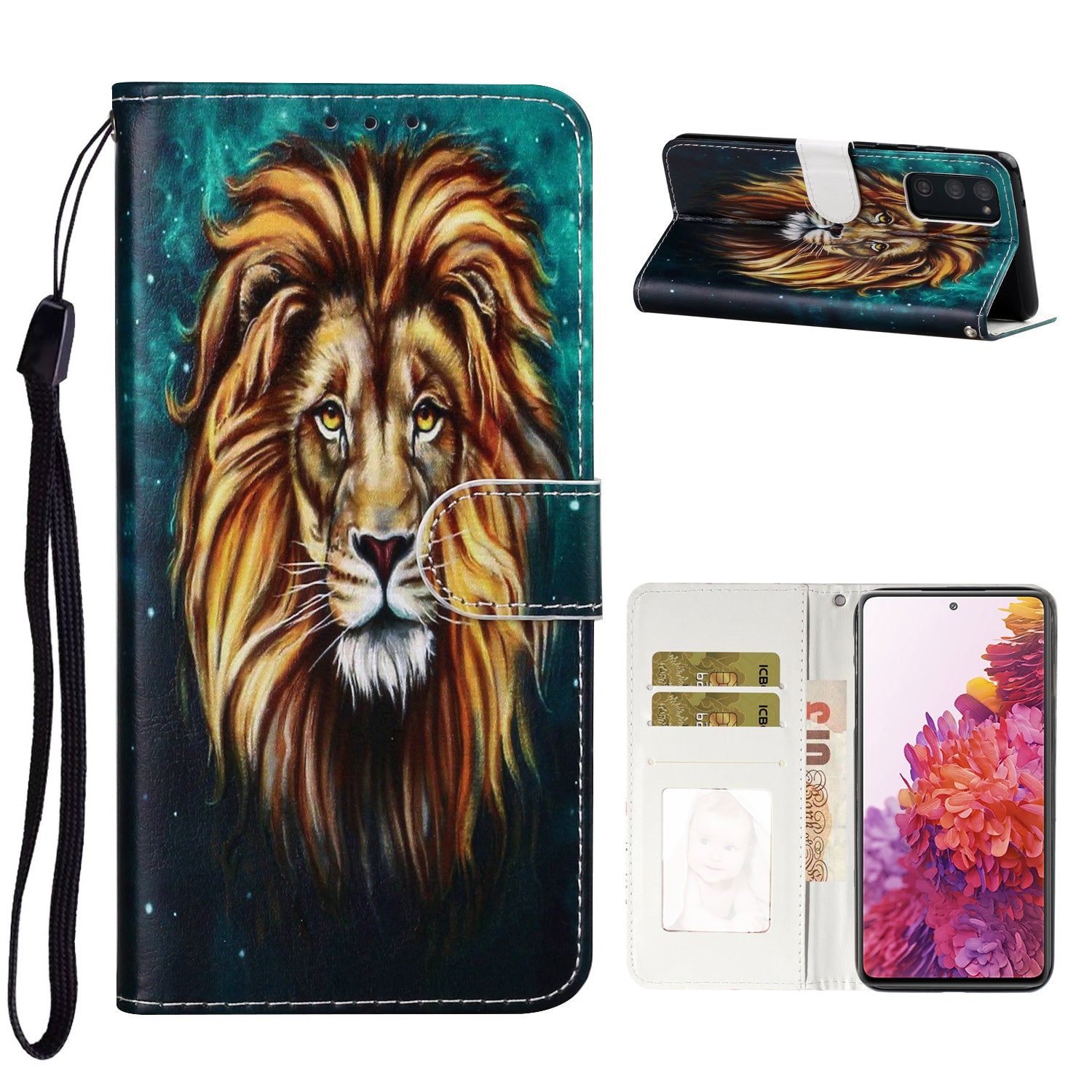 For Samsung Galaxy S20 FE 4G/5G/S20 Lite/S20 FE 2022 Embossed Patterned Wallet Flip Leather Case with Lanyard - Lion