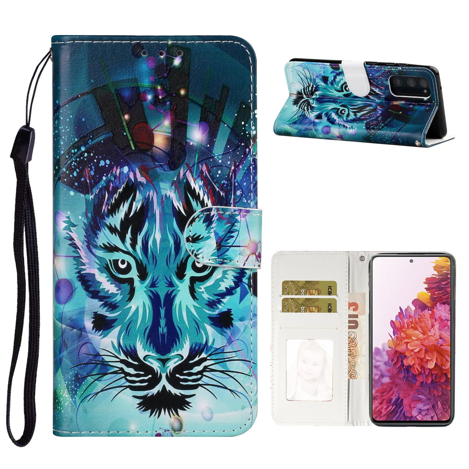 For Samsung Galaxy S20 FE 4G/5G/S20 Lite/S20 FE 2022 Embossed Patterned Wallet Flip Leather Case with Lanyard - Tiger