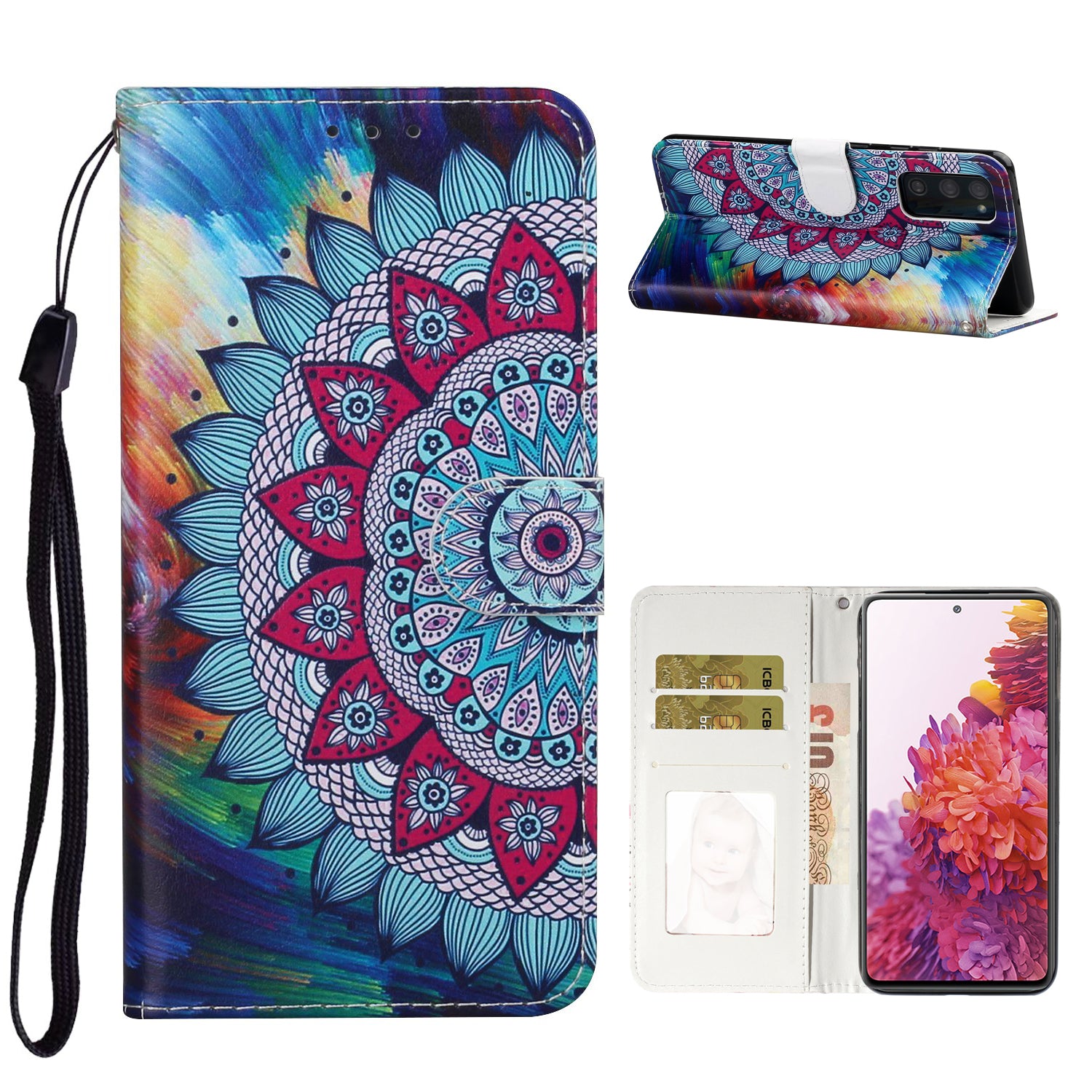 For Samsung Galaxy S20 FE 4G/5G/S20 Lite/S20 FE 2022 Embossed Patterned Wallet Flip Leather Case with Lanyard - Mandala Flower