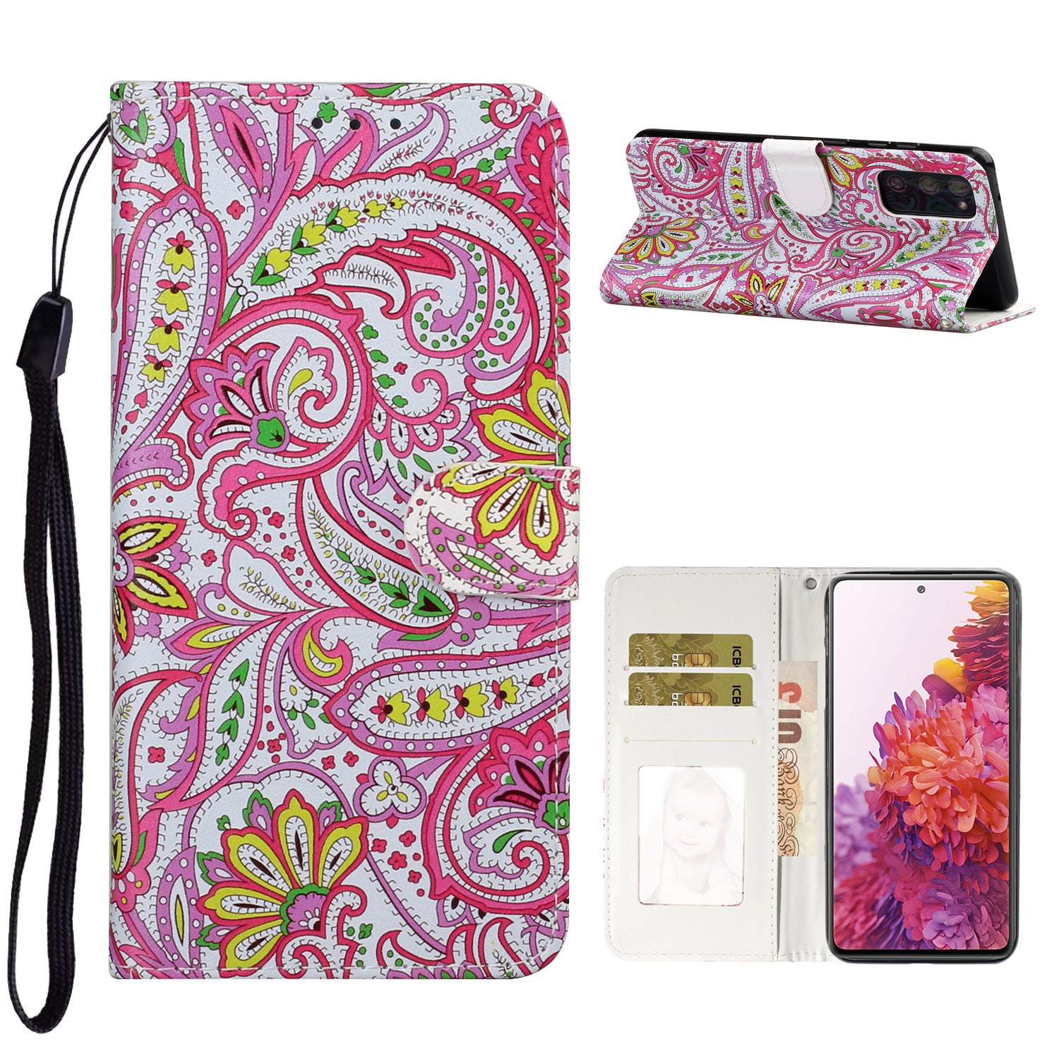 For Samsung Galaxy S20 FE 4G/5G/S20 Lite/S20 FE 2022 Embossed Patterned Wallet Flip Leather Case with Lanyard - Flower Pattern