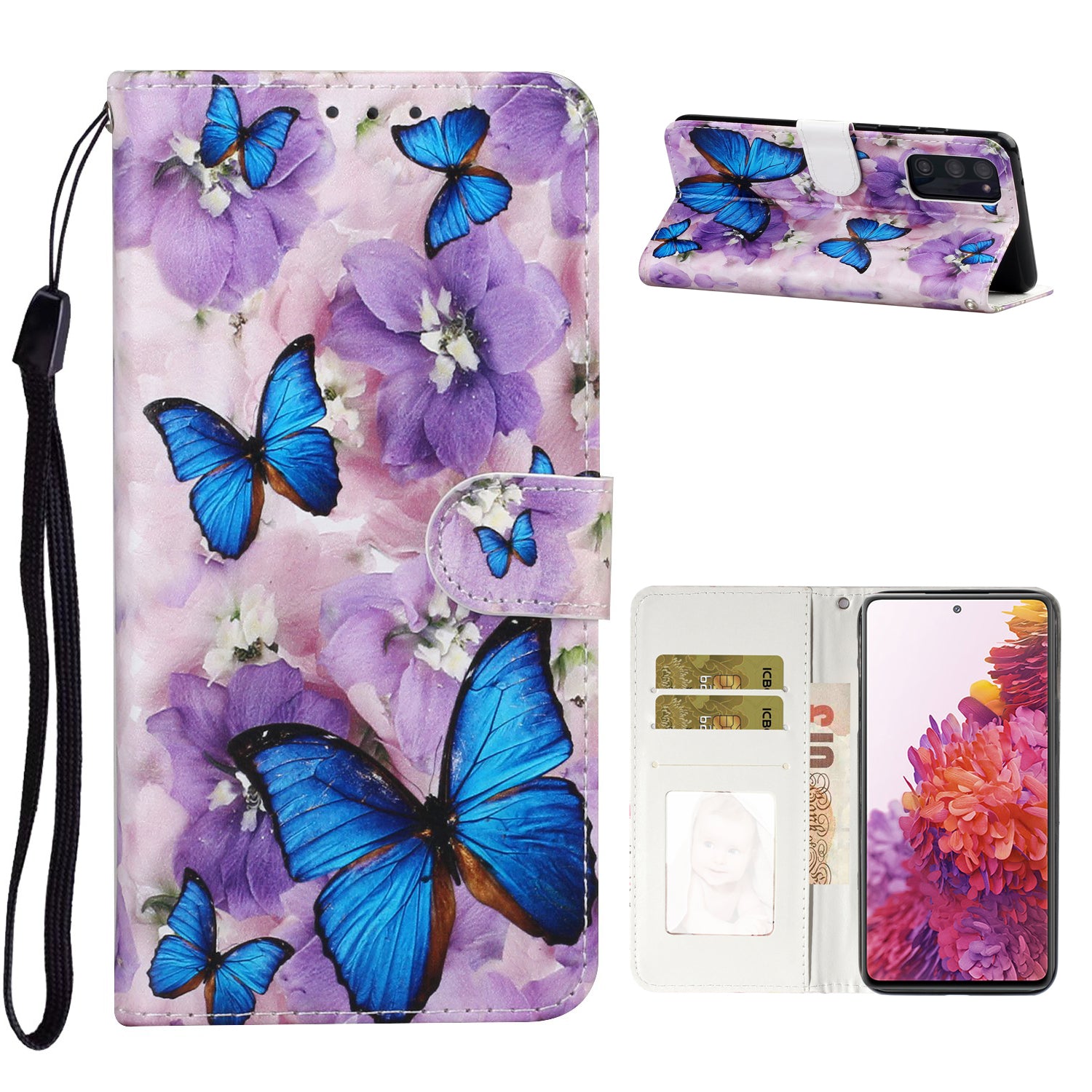 For Samsung Galaxy S20 FE 4G/5G/S20 Lite/S20 FE 2022 Embossed Patterned Wallet Flip Leather Case with Lanyard - Blue Butterfly