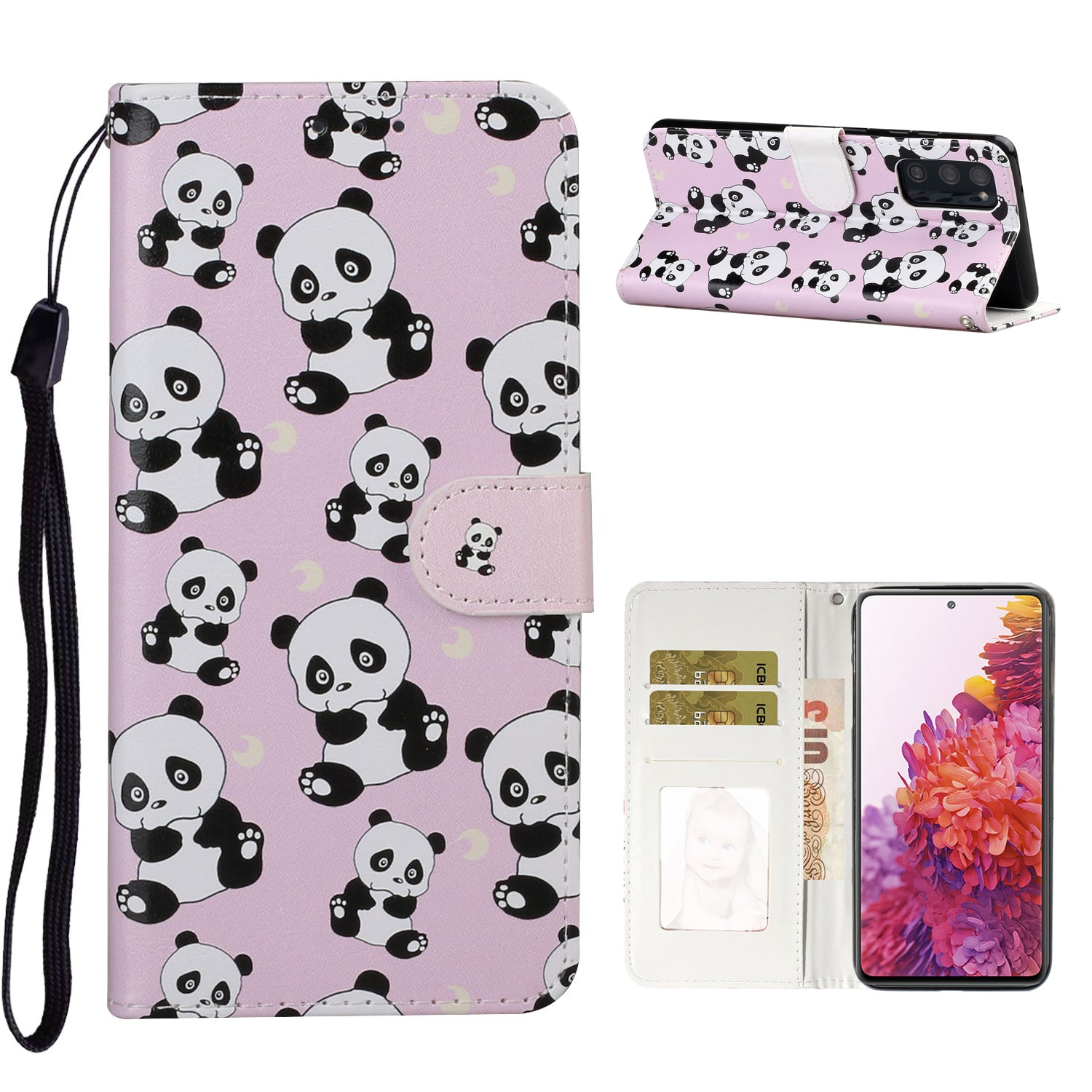 For Samsung Galaxy S20 FE 4G/5G/S20 Lite/S20 FE 2022 Embossed Patterned Wallet Flip Leather Case with Lanyard - Panda