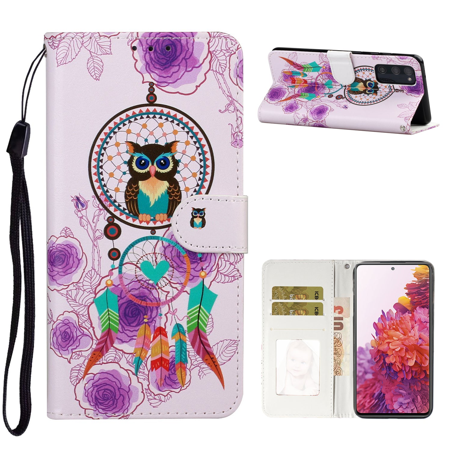 For Samsung Galaxy S20 FE 4G/5G/S20 Lite/S20 FE 2022 Embossed Patterned Wallet Flip Leather Case with Lanyard - Owl and Dream Catcher