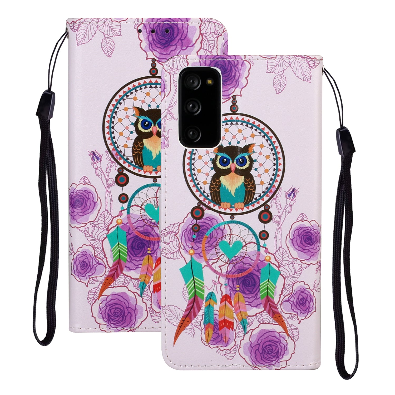 For Samsung Galaxy S20 FE 4G/5G/S20 Lite/S20 FE 2022 Embossed Patterned Wallet Flip Leather Case with Lanyard - Owl and Dream Catcher