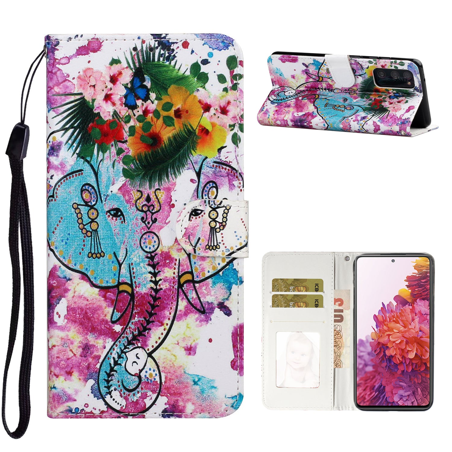 For Samsung Galaxy S20 FE 4G/5G/S20 Lite/S20 FE 2022 Embossed Patterned Wallet Flip Leather Case with Lanyard - Elephant