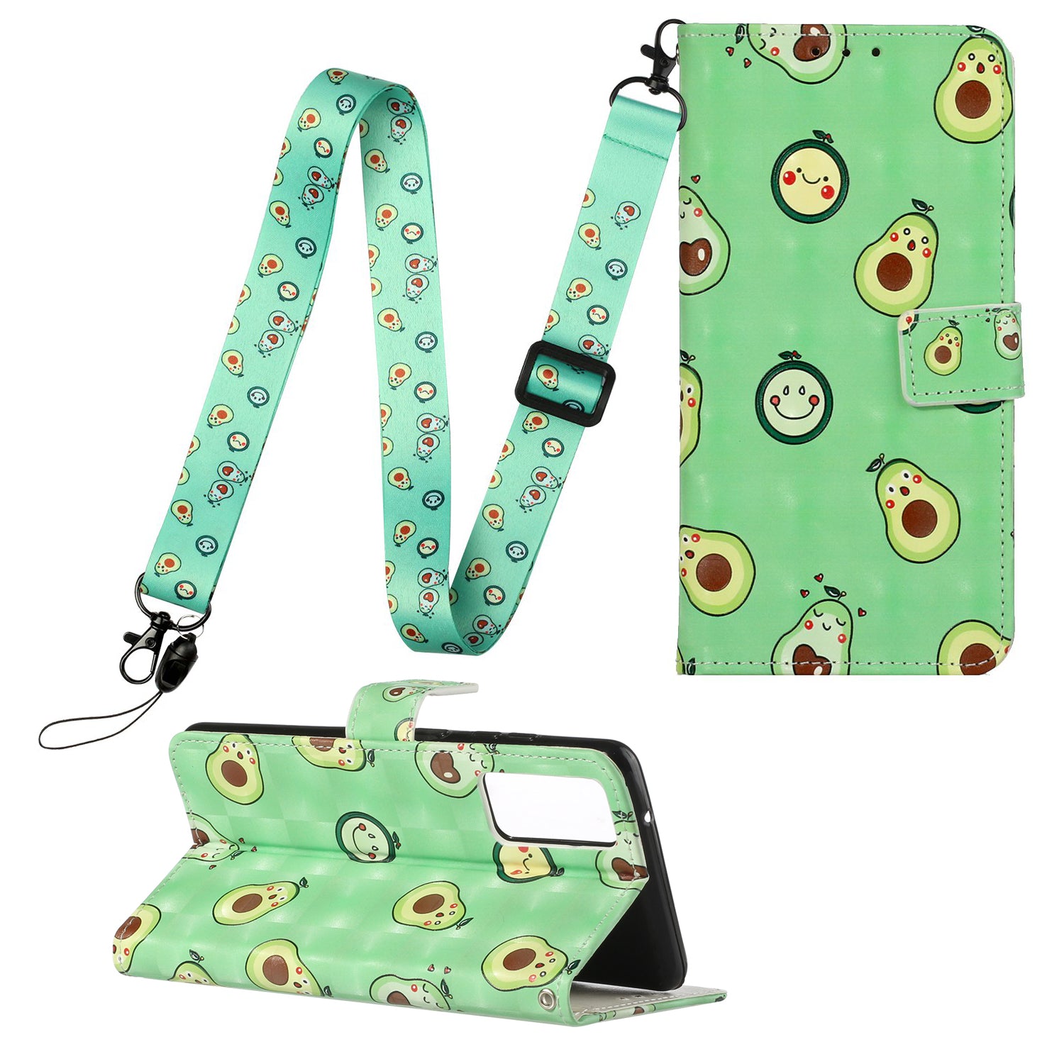 Pattern Printing Leather Protector for Samsung Galaxy S20 4G/S20 5G Stand Case with Hanging Strap - Avocado