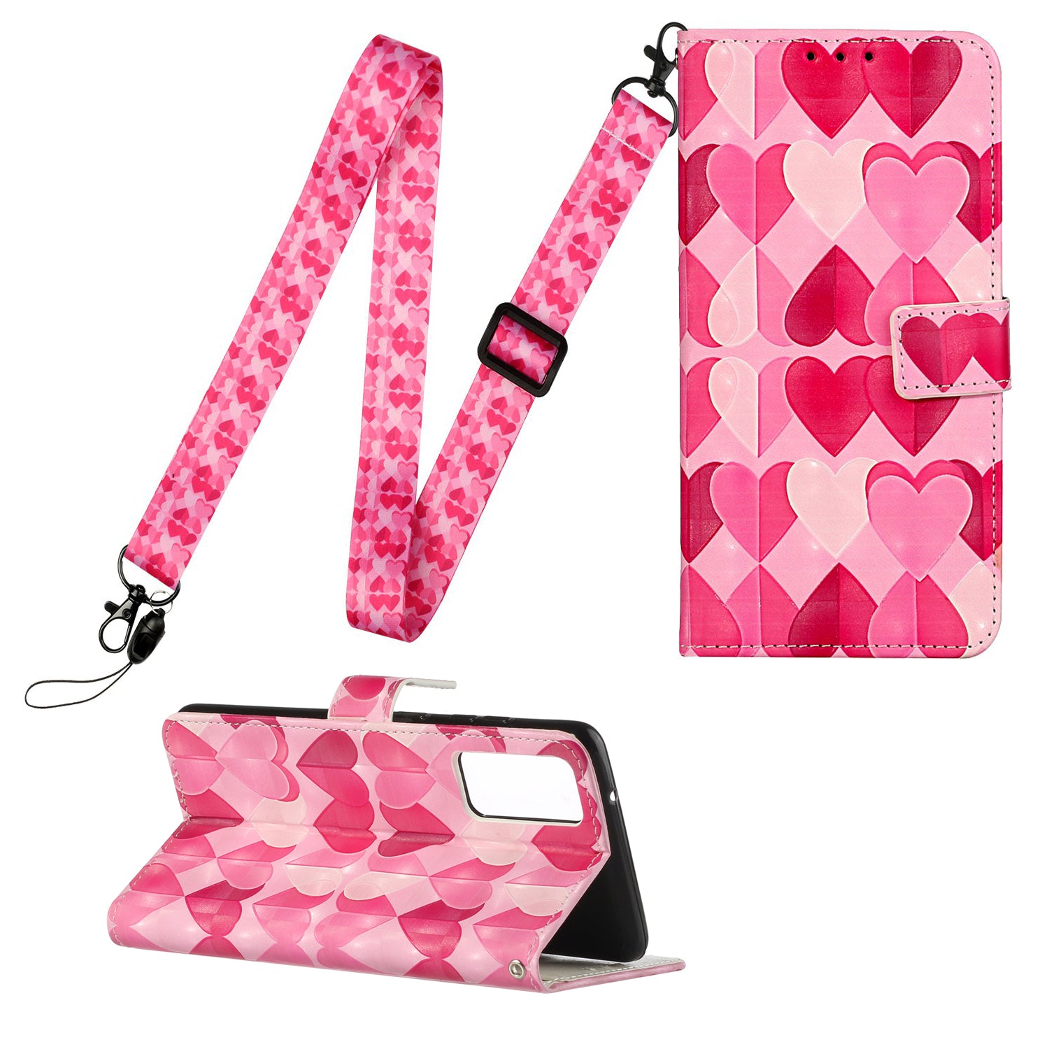 Pattern Printing Leather Protector for Samsung Galaxy S20 4G/S20 5G Stand Case with Hanging Strap - Hearts