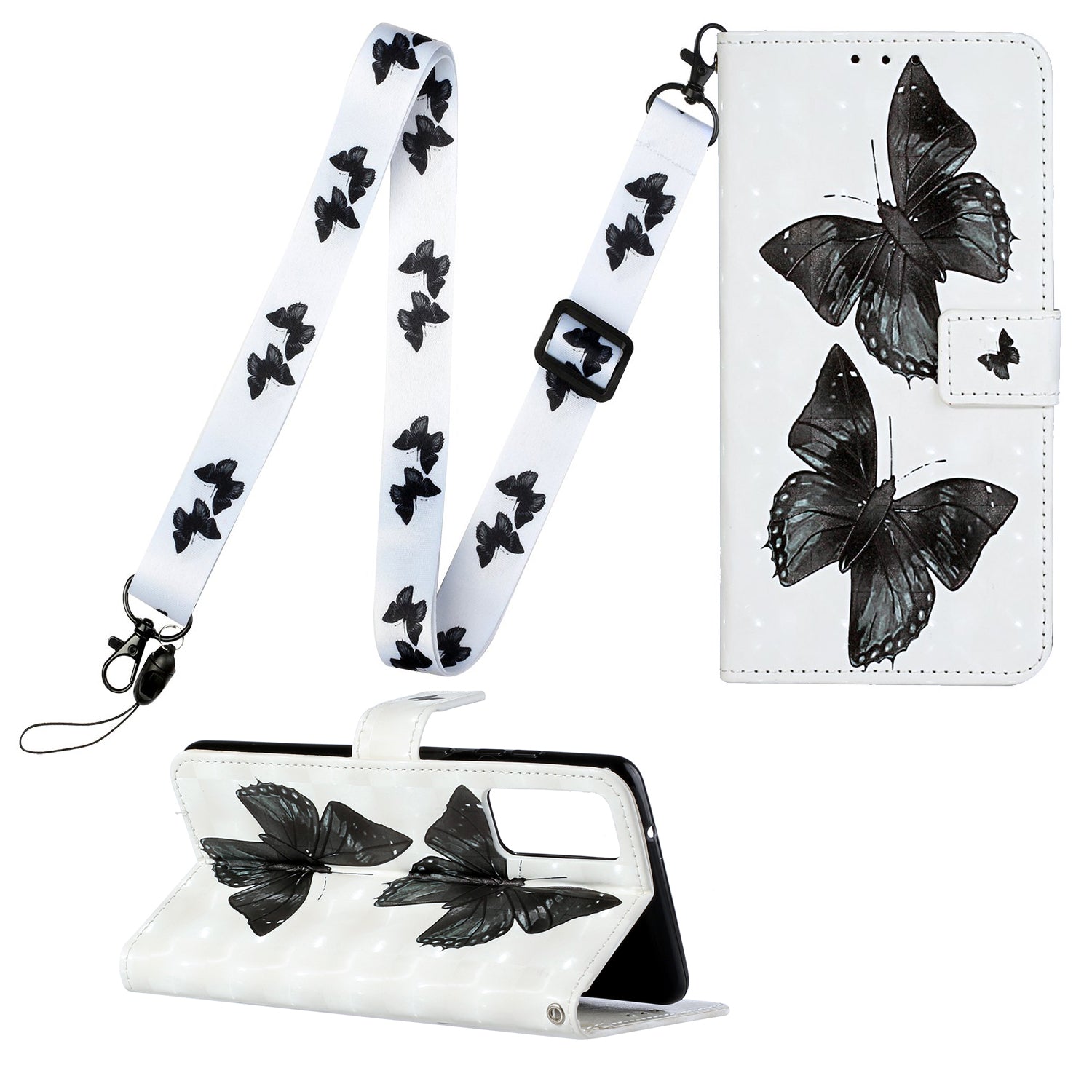 Pattern Printing Leather Protector for Samsung Galaxy S20 4G/S20 5G Stand Case with Hanging Strap - Butterfly