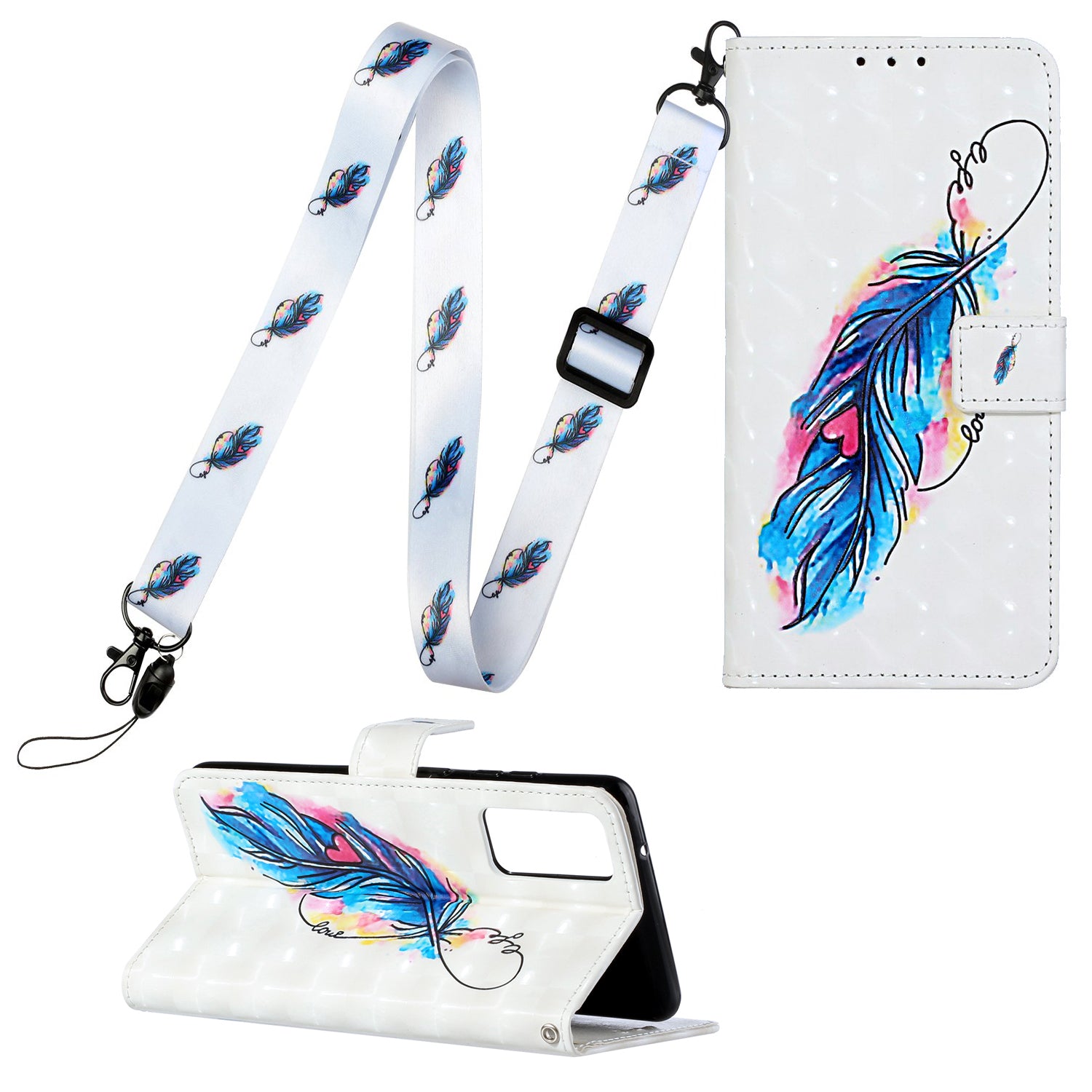 Pattern Printing Leather Protector for Samsung Galaxy S20 4G/S20 5G Stand Case with Hanging Strap - Feather