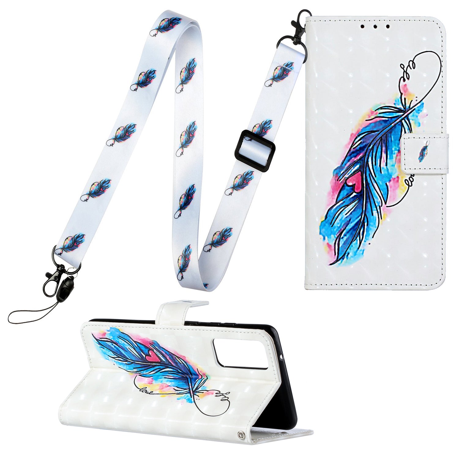 Pattern Printing Leather Protector with Hanging Strap for Samsung Galaxy S20 Plus/S20 Plus 5G  Stand Case - Feather