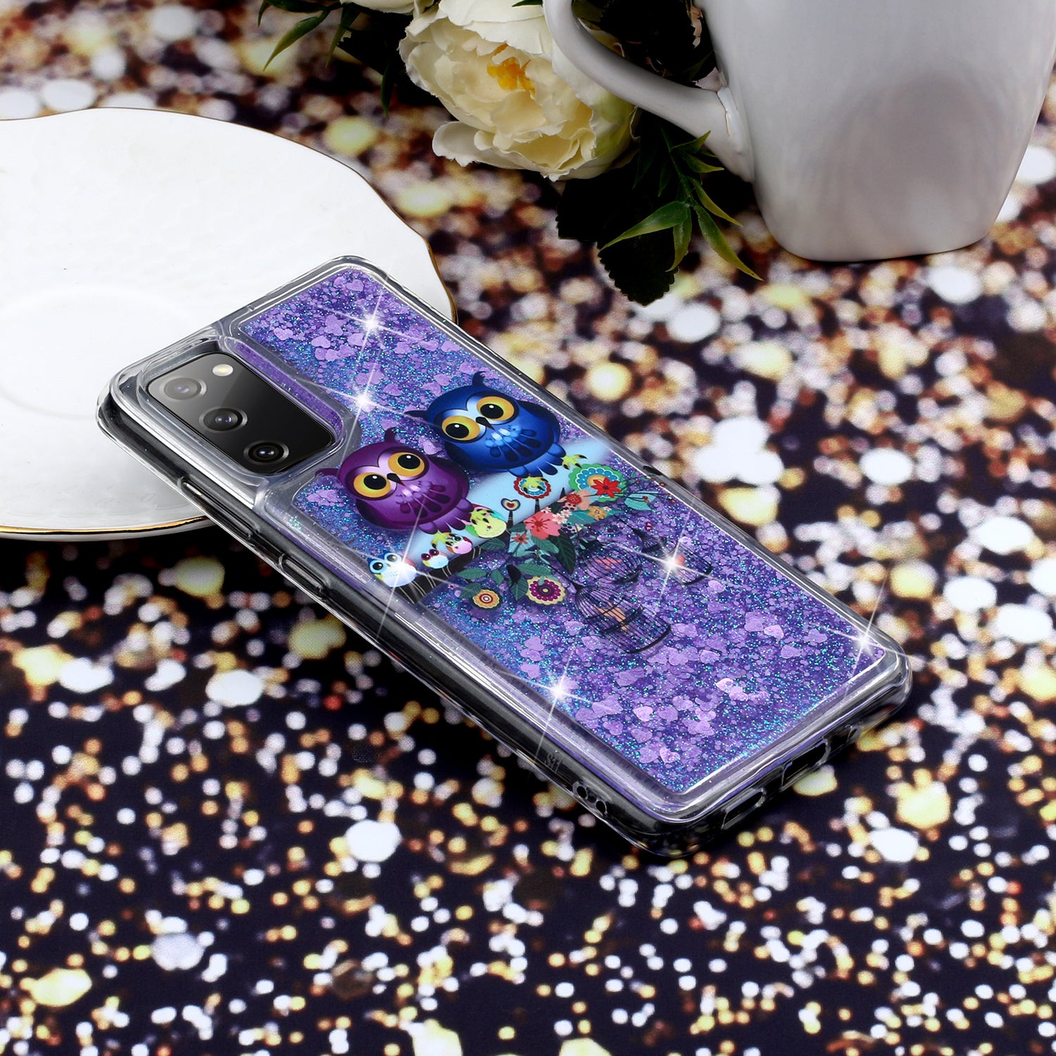 For Samsung Galaxy S20 FE 4G/5G/S20 Lite/S20 FE 2022 Glitter Powder Quicksand Patterned TPU Case - Couple Owls