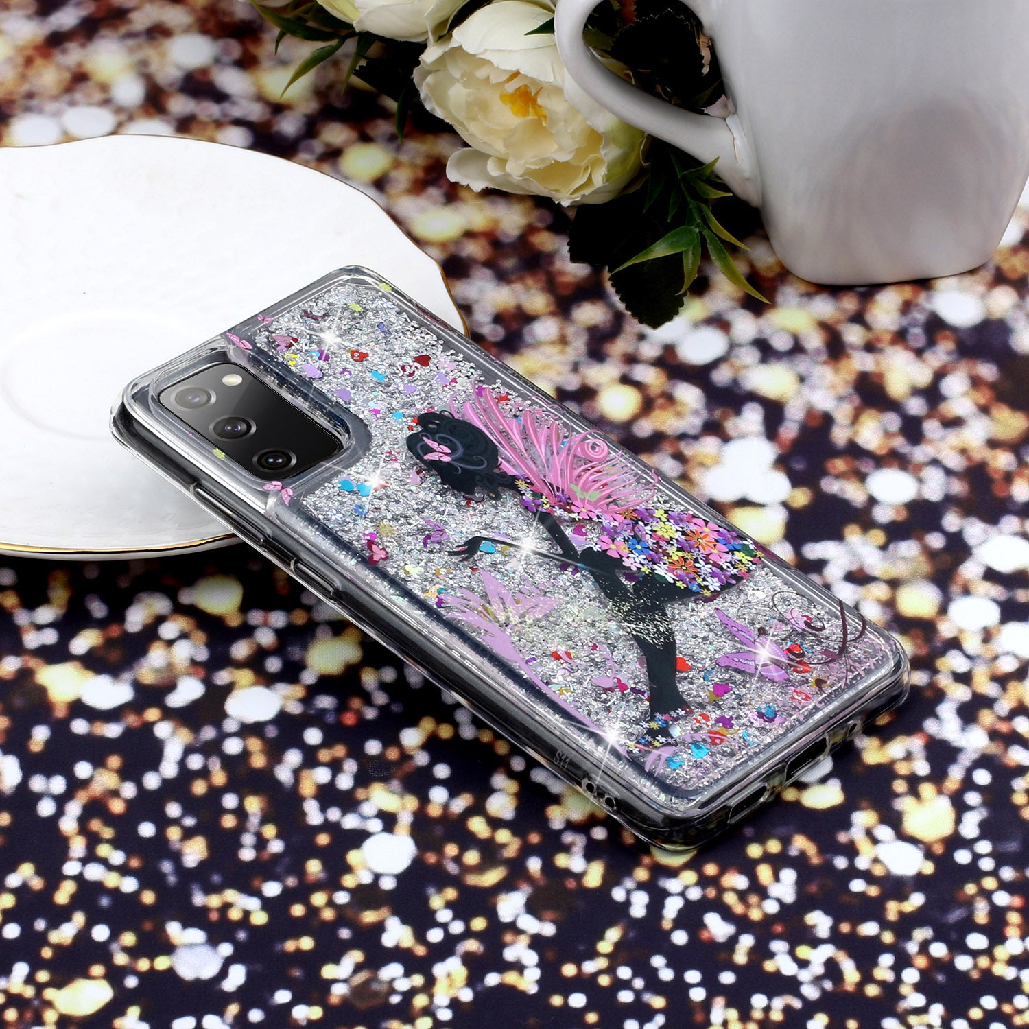 For Samsung Galaxy S20 FE 4G/5G/S20 Lite/S20 FE 2022 Glitter Powder Quicksand Patterned TPU Case - Girl and Butterfly