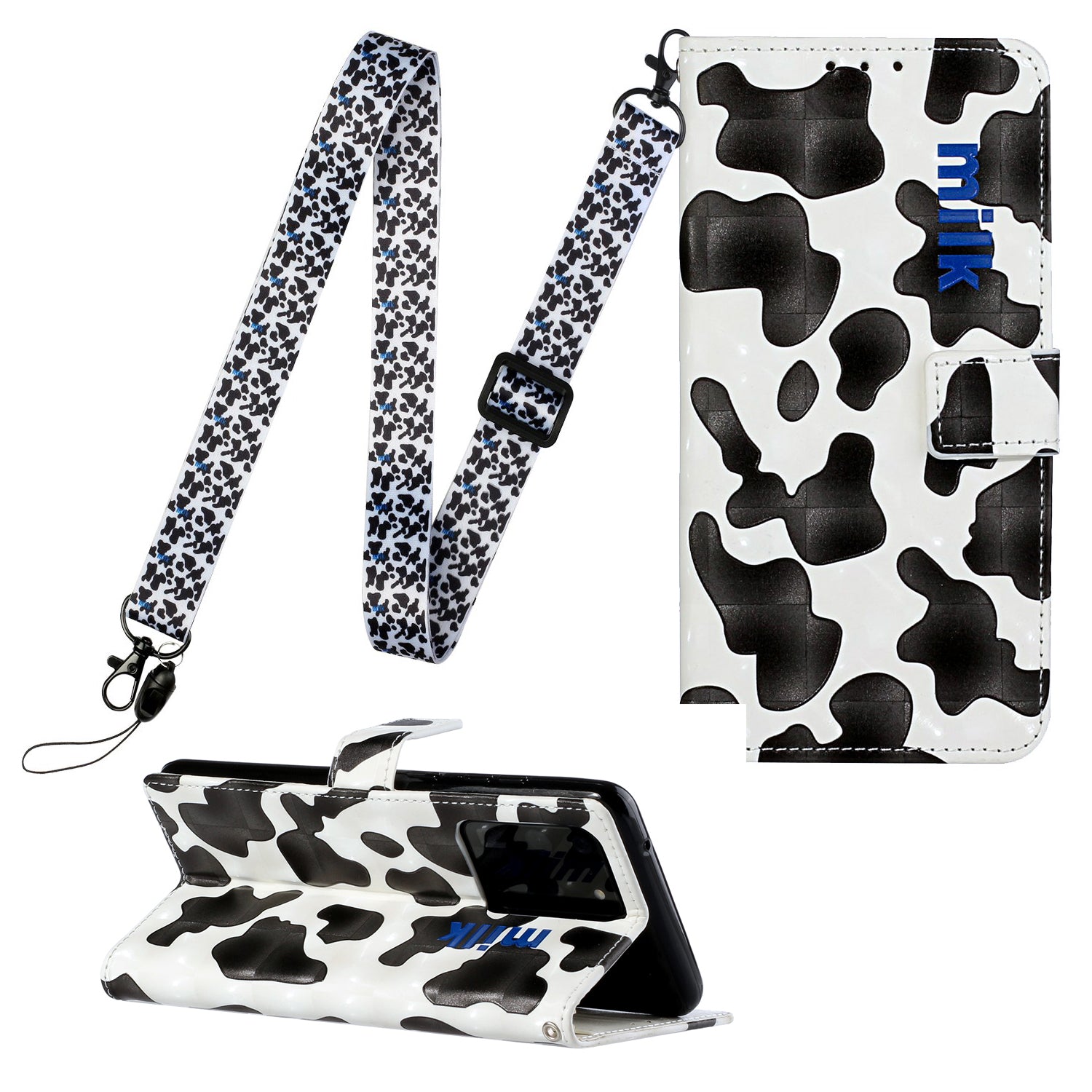 3D Pattern Printing Leather Case Wallet Shell with Adjustable Lanyard for Samsung Galaxy S20 Ultra - Black/White