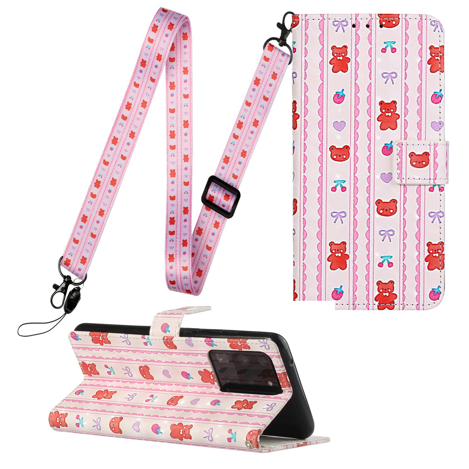 3D Pattern Printing Leather Case Wallet Shell with Adjustable Lanyard for Samsung Galaxy S20 Ultra - Bear