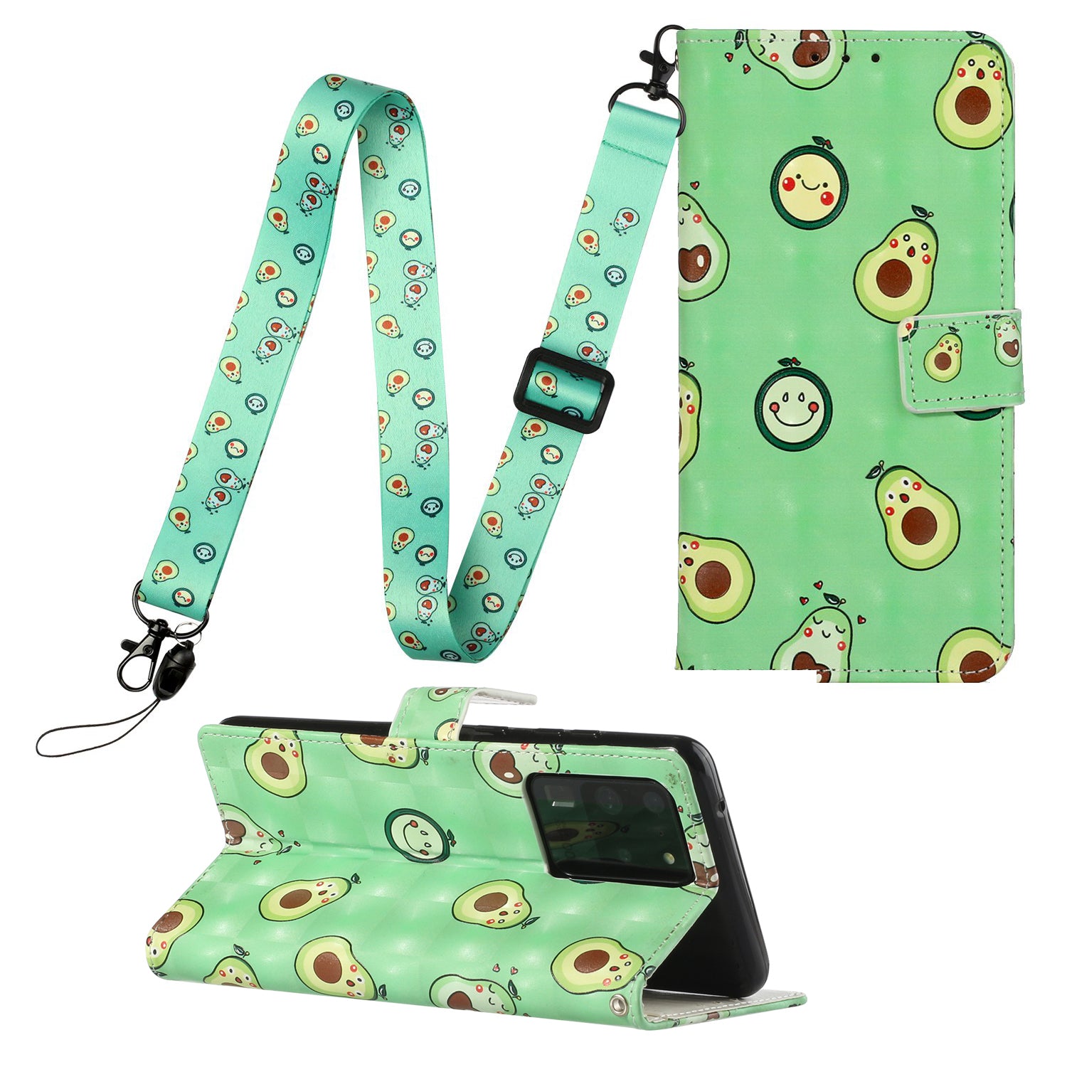 3D Pattern Printing Leather Case Wallet Shell with Adjustable Lanyard for Samsung Galaxy S20 Ultra - Avocado