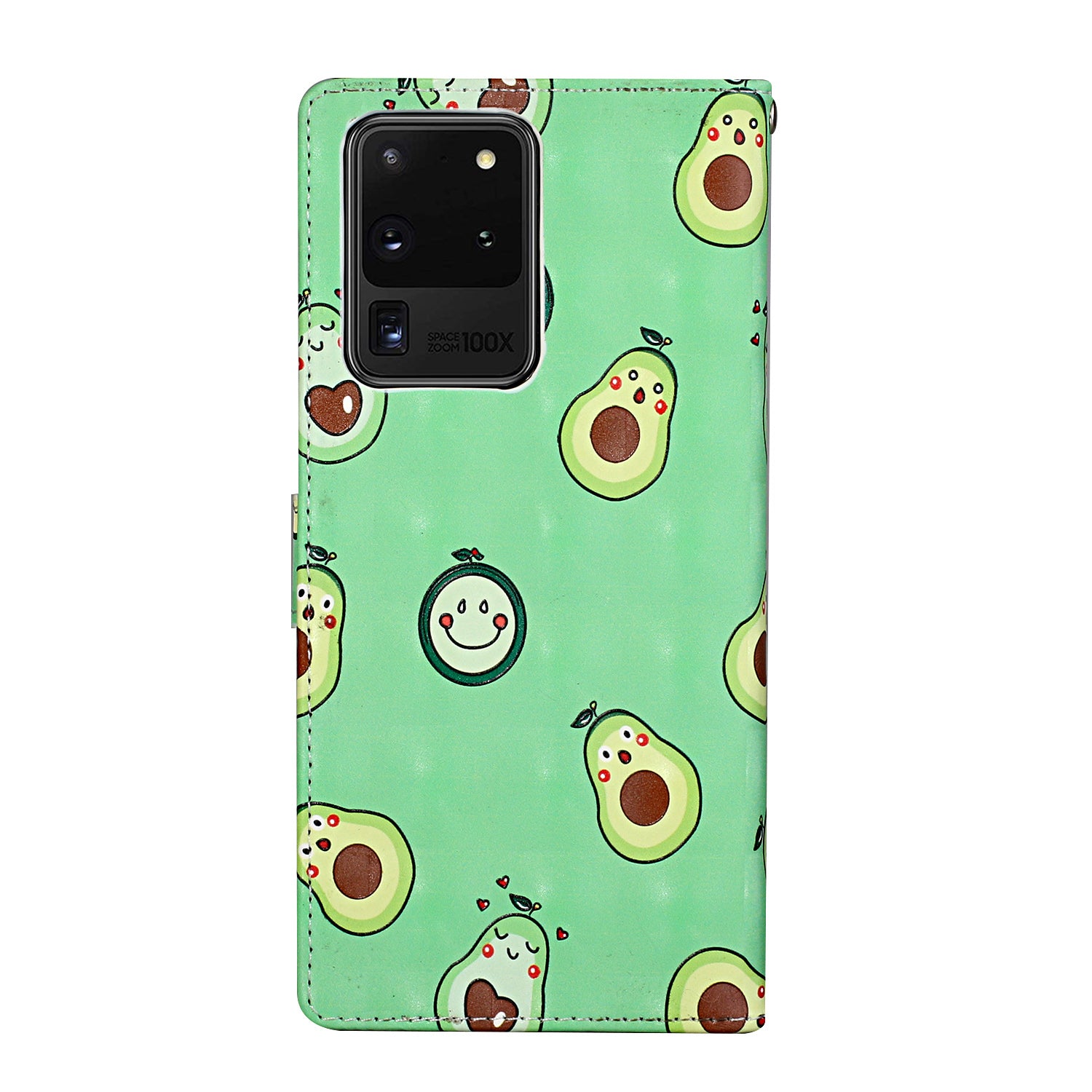 3D Pattern Printing Leather Case Wallet Shell with Adjustable Lanyard for Samsung Galaxy S20 Ultra - Avocado