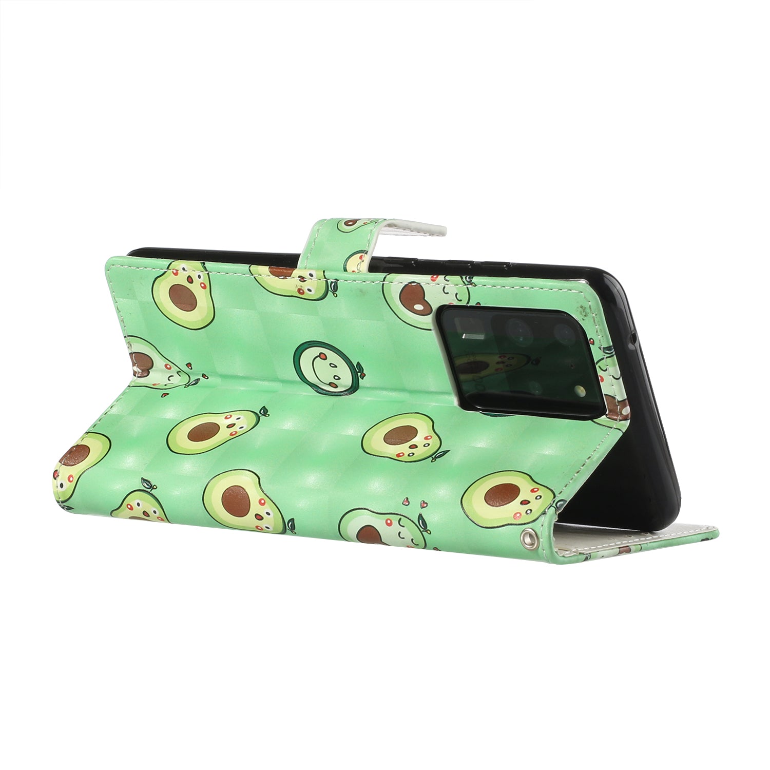 3D Pattern Printing Leather Case Wallet Shell with Adjustable Lanyard for Samsung Galaxy S20 Ultra - Avocado