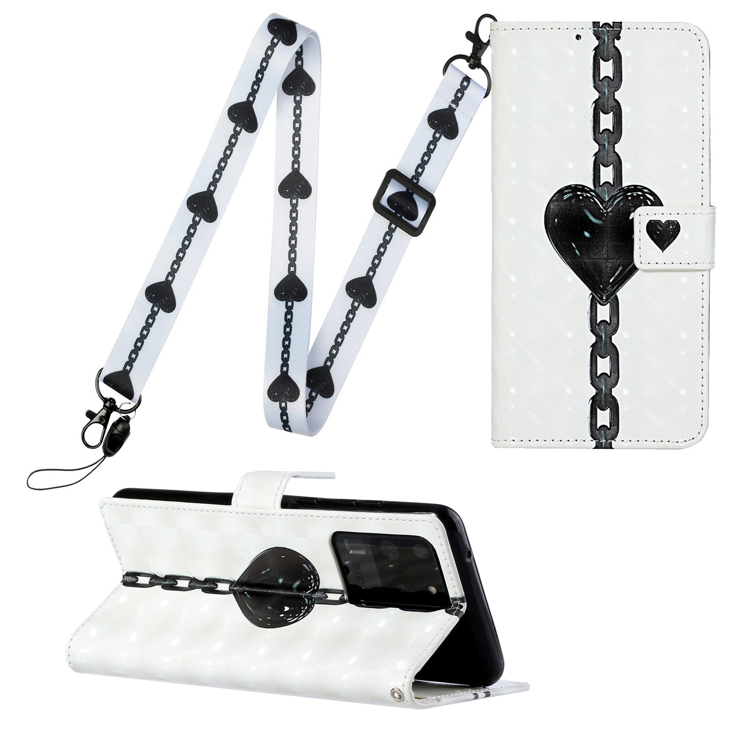 3D Pattern Printing Leather Case Wallet Shell with Adjustable Lanyard for Samsung Galaxy S20 Ultra - Heart Chain