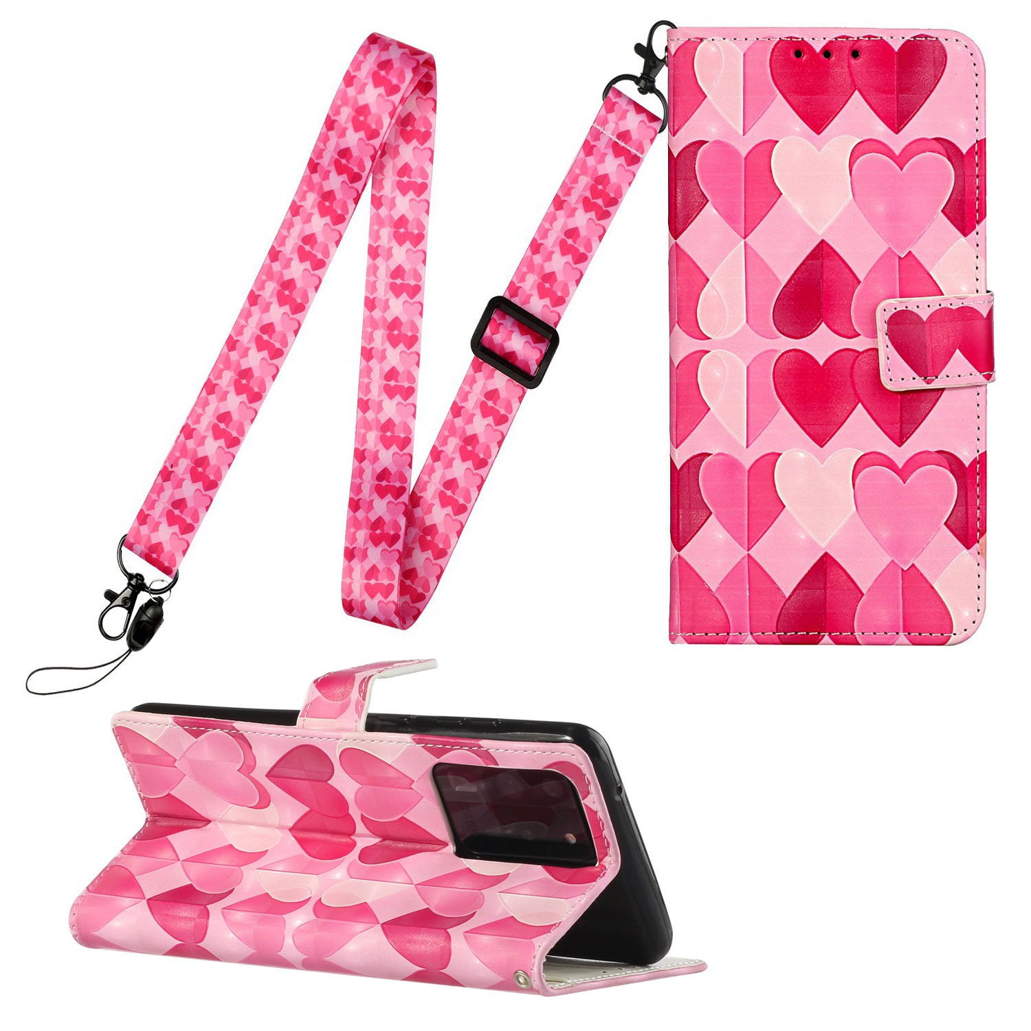 3D Pattern Printing Leather Case Wallet Shell with Adjustable Lanyard for Samsung Galaxy S20 Ultra - Hearts