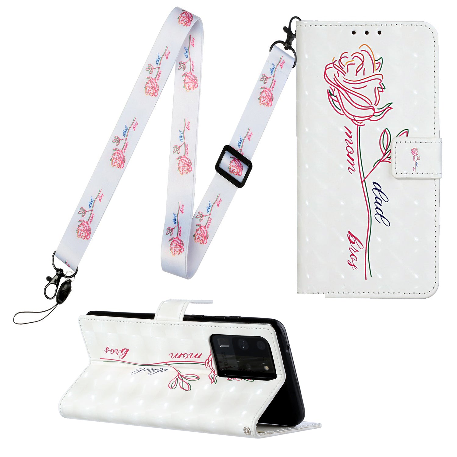 3D Pattern Printing Leather Case Wallet Shell with Adjustable Lanyard for Samsung Galaxy S20 Ultra - Flower