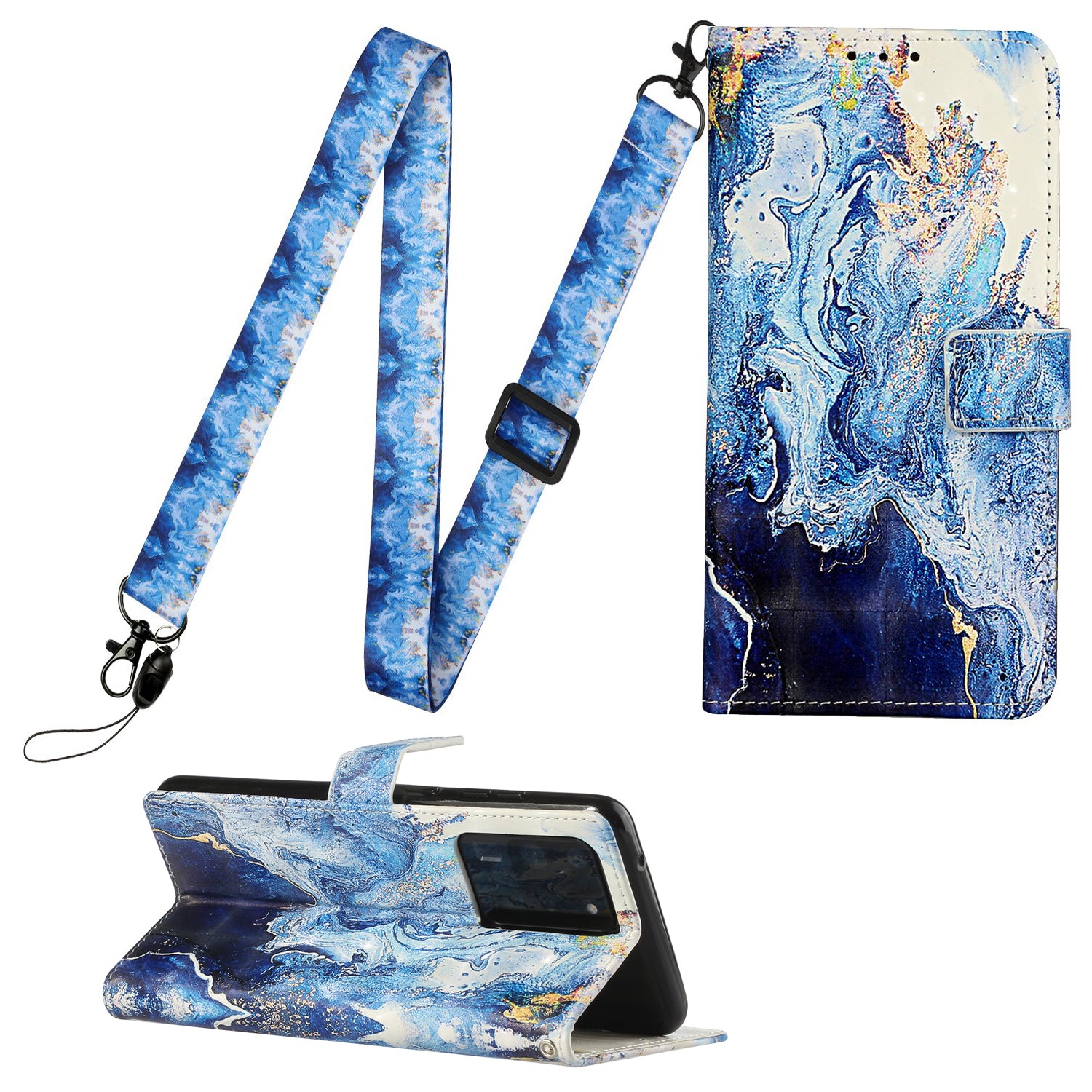 3D Pattern Printing Leather Case Wallet Shell with Adjustable Lanyard for Samsung Galaxy S20 Ultra - Marbling