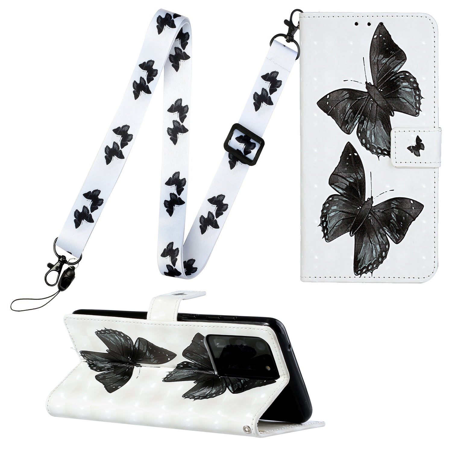 3D Pattern Printing Leather Case Wallet Shell with Adjustable Lanyard for Samsung Galaxy S20 Ultra - Butterfly