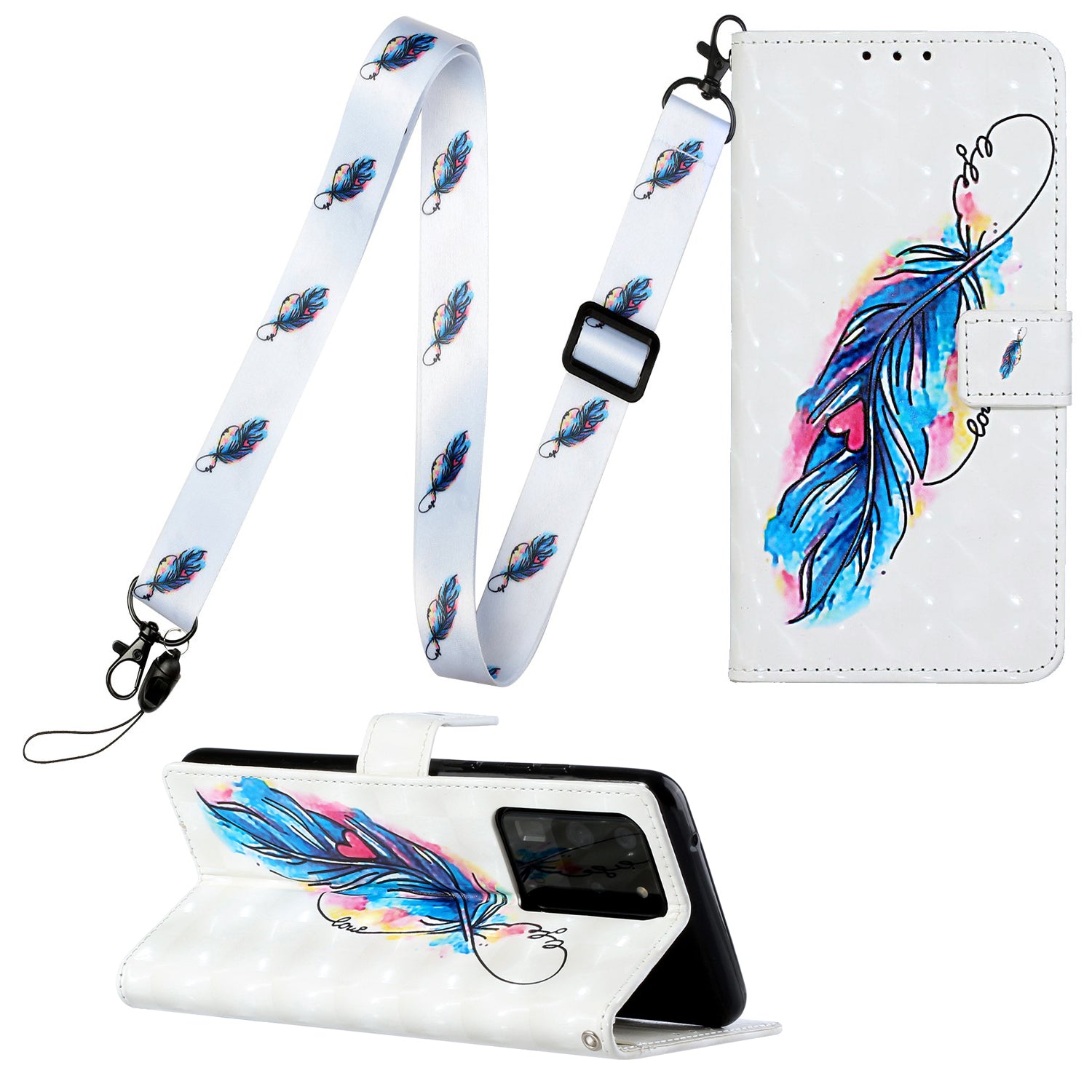 3D Pattern Printing Leather Case Wallet Shell with Adjustable Lanyard for Samsung Galaxy S20 Ultra - Feather