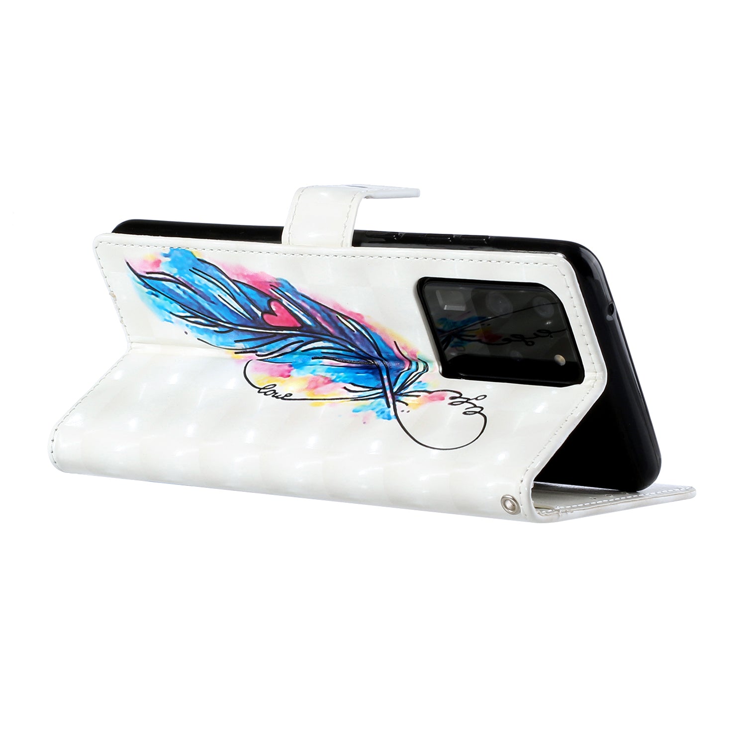 3D Pattern Printing Leather Case Wallet Shell with Adjustable Lanyard for Samsung Galaxy S20 Ultra - Feather