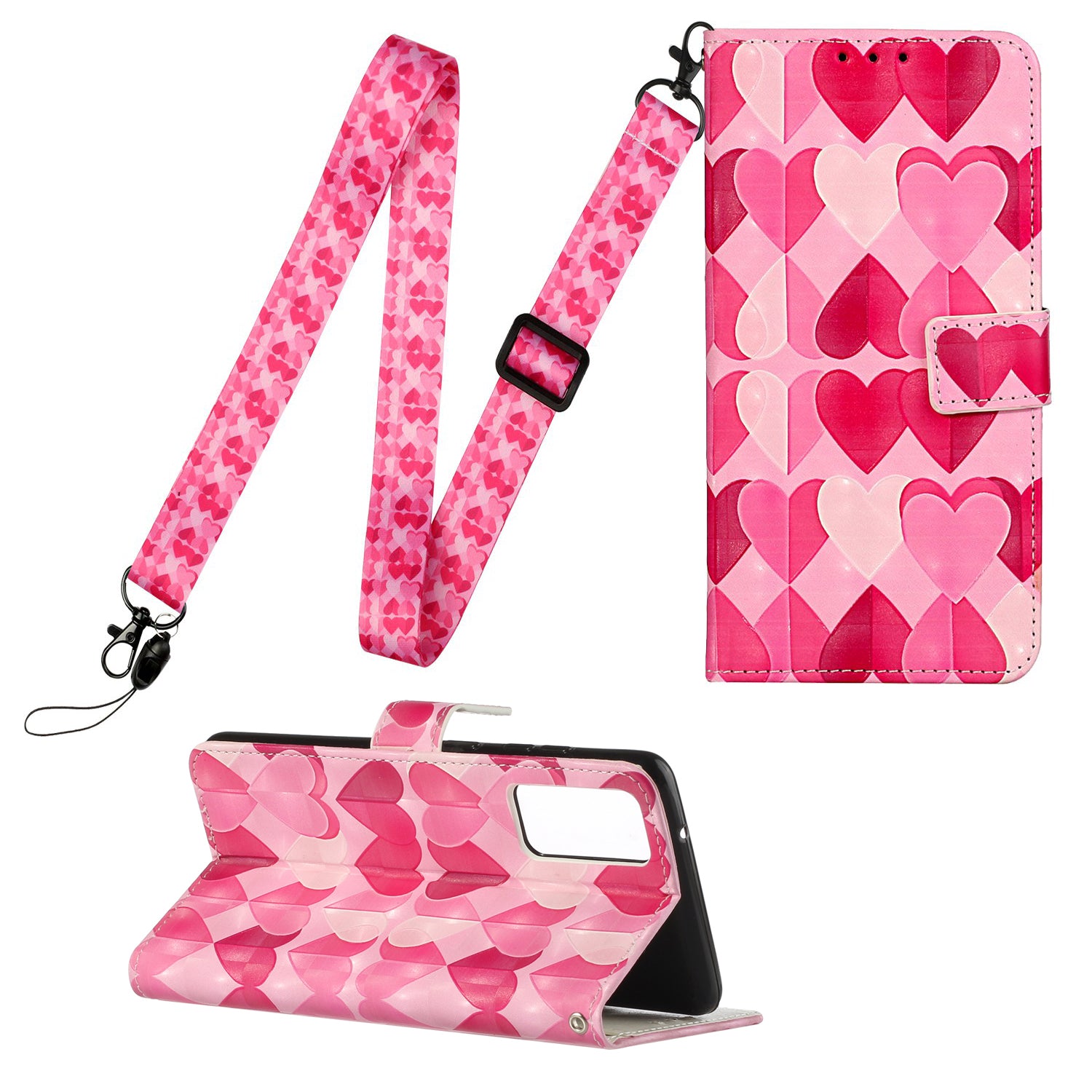 For Samsung Galaxy S20 FE 4G/5G/S20 Lite/S20 FE 2022 Pattern Printing Leather Cover with Hanging Strap - Hearts