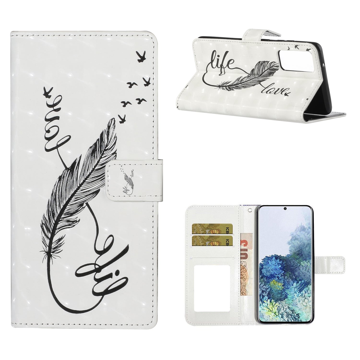 For Samsung Galaxy S20 FE 4G/5G/S20 Lite/S20 FE 2022 Light Spot Decor Pattern Printing Leather Case - Black Feather