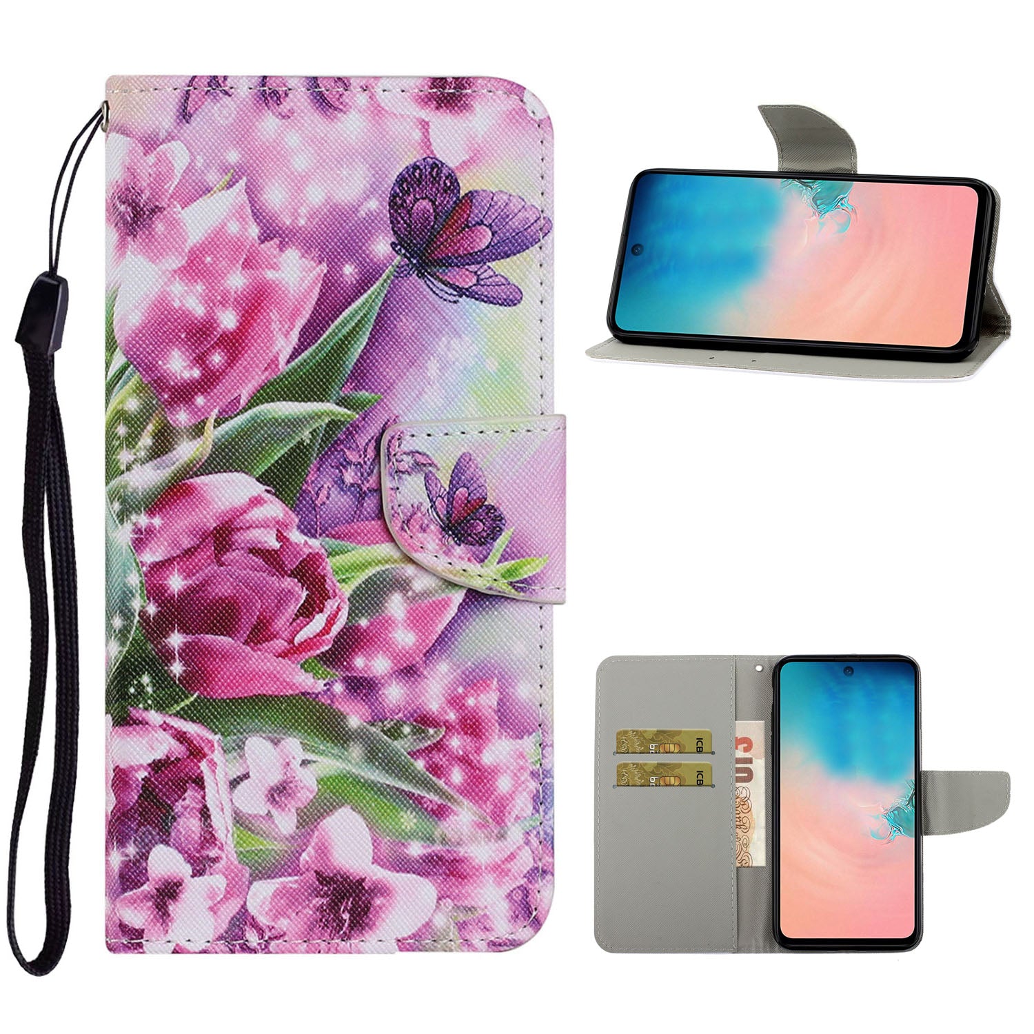 Unique Pattern Printing Wallet Stand Leather Case with Lanyard for Samsung Galaxy S20 Plus - Flowers/Butterflies