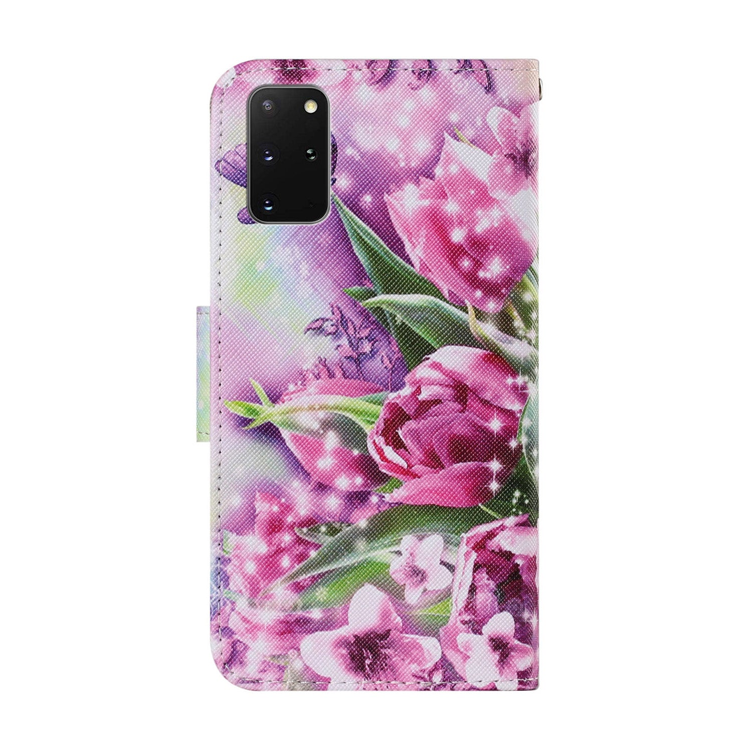 Unique Pattern Printing Wallet Stand Leather Case with Lanyard for Samsung Galaxy S20 Plus - Flowers/Butterflies