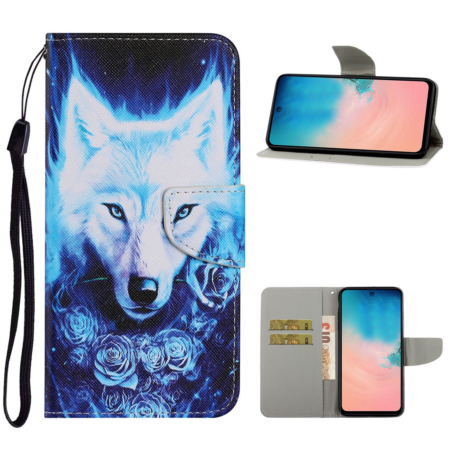 Unique Pattern Printing Wallet Stand Leather Case with Lanyard for Samsung Galaxy S20 Plus - Wolf