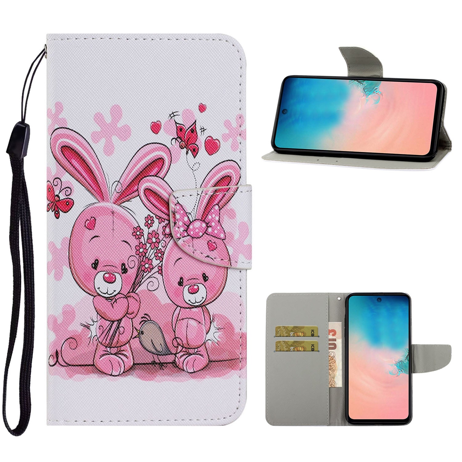 Unique Pattern Printing Wallet Stand Leather Case with Lanyard for Samsung Galaxy S20 Plus - Rabbits