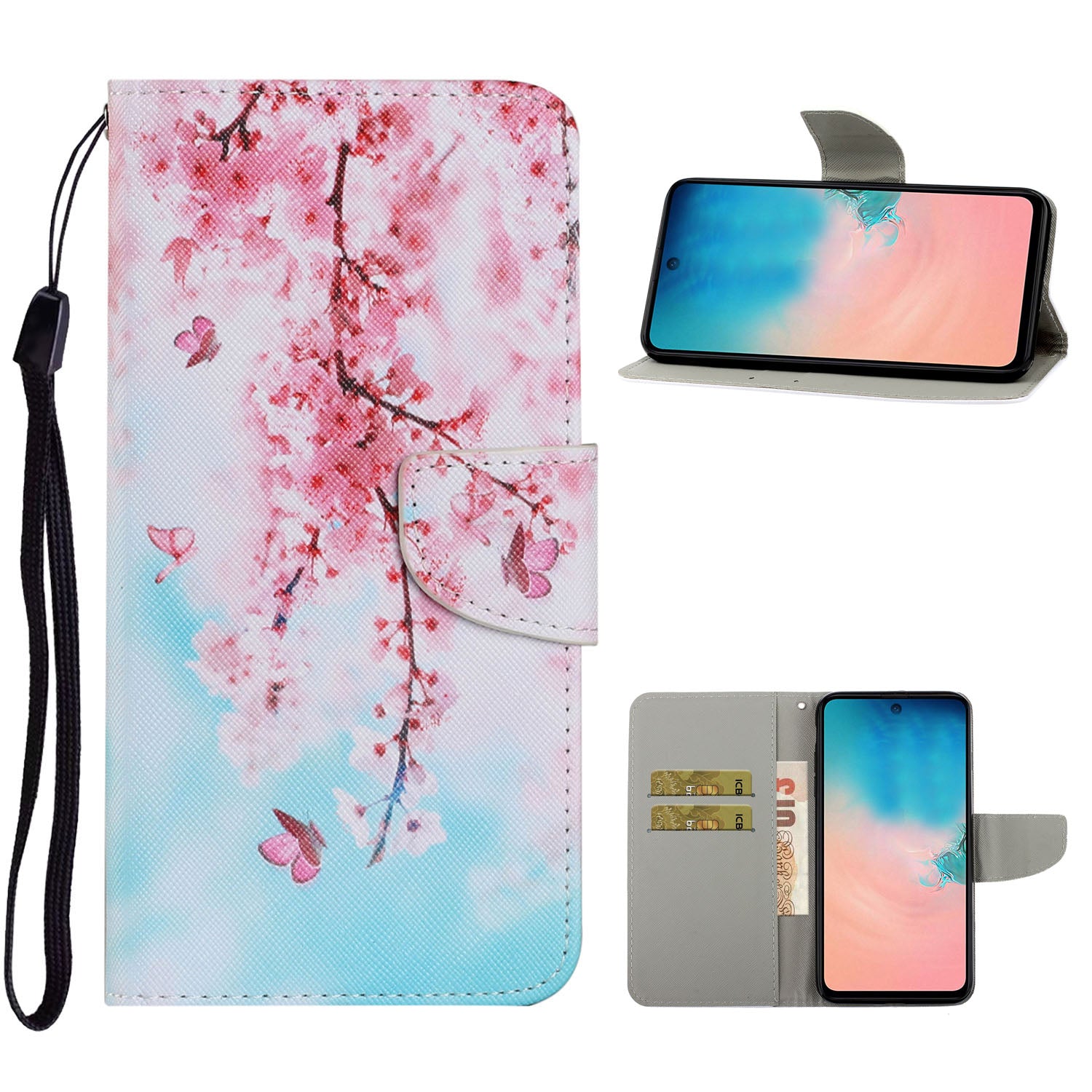 Unique Pattern Printing Wallet Stand Leather Case with Lanyard for Samsung Galaxy S20 Plus - Pink Flowers