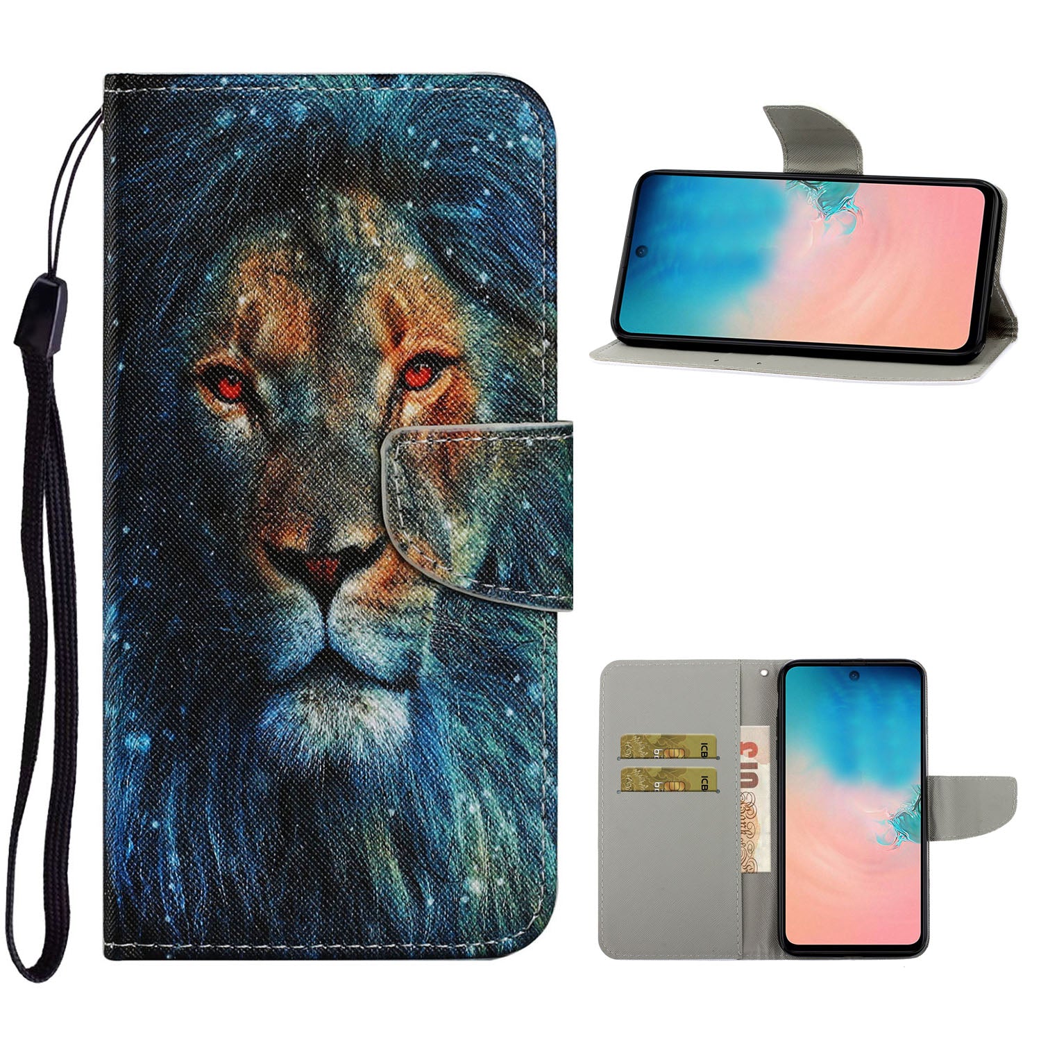 Unique Pattern Printing Wallet Stand Leather Case with Lanyard for Samsung Galaxy S20 Plus - Lion