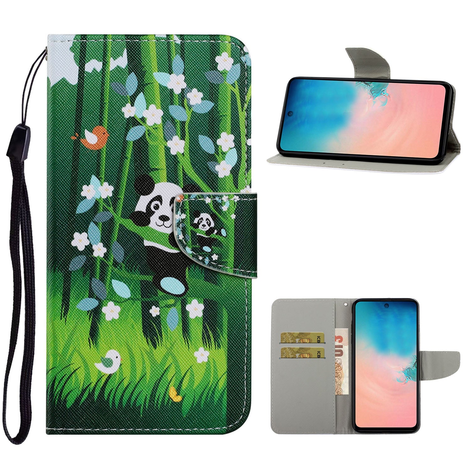 Unique Pattern Printing Wallet Stand Leather Case with Lanyard for Samsung Galaxy S20 Plus - Panda