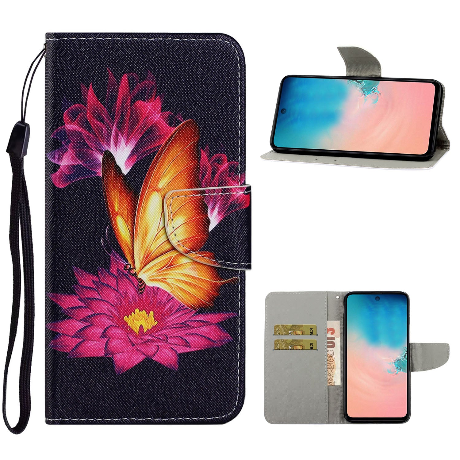 Unique Pattern Printing Wallet Stand Leather Case with Lanyard for Samsung Galaxy S20 Plus - Golden Butterfly