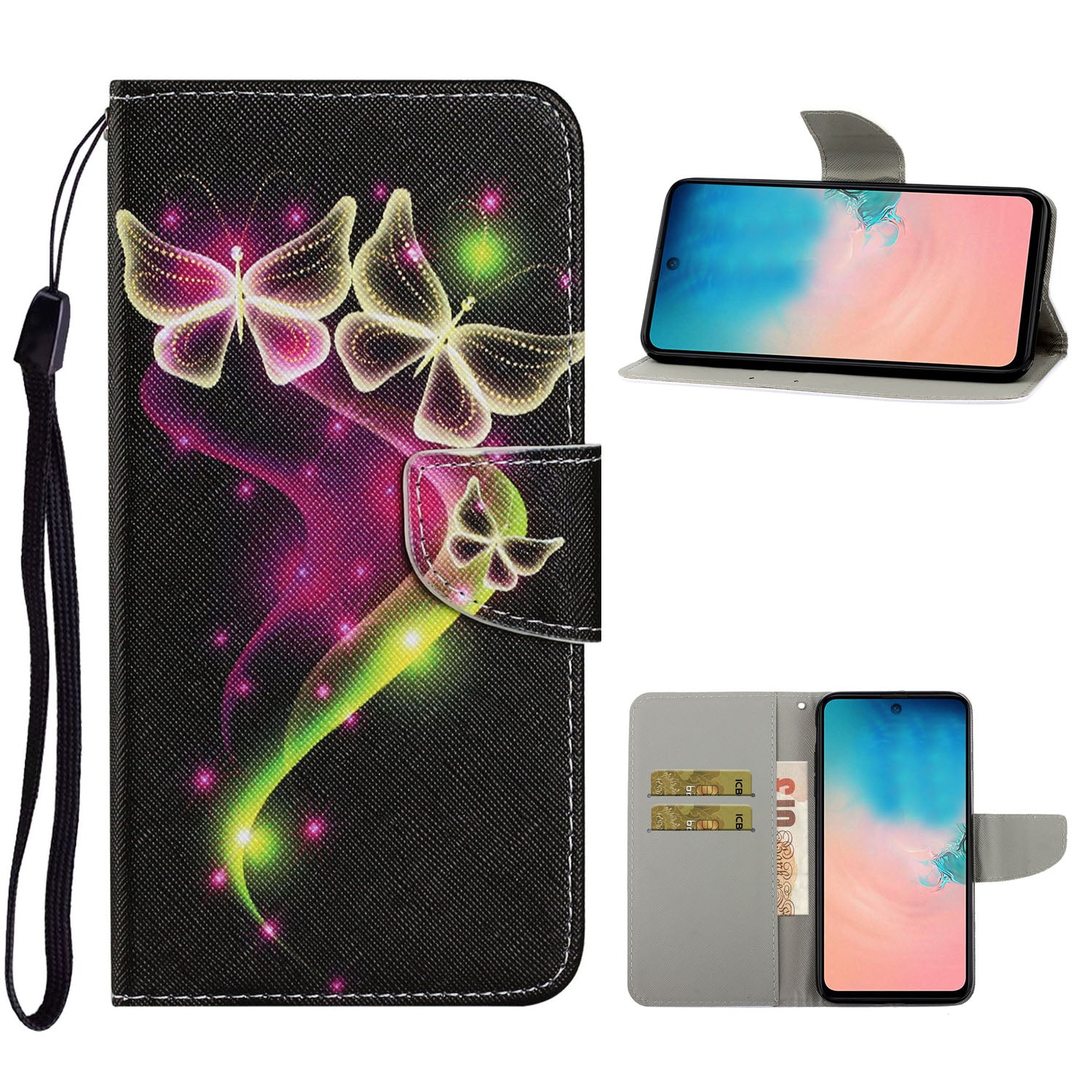 Unique Pattern Printing Wallet Stand Leather Case with Lanyard for Samsung Galaxy S20 Plus - Pink/Brown Butterflies