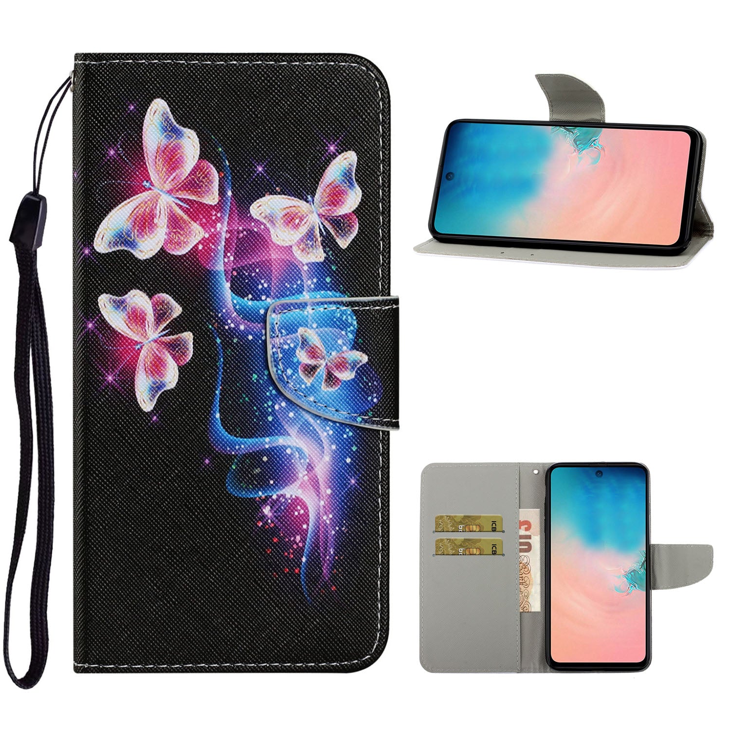 Unique Pattern Printing Wallet Stand Leather Case with Lanyard for Samsung Galaxy S20 Plus - Pink/Blue Butterflies