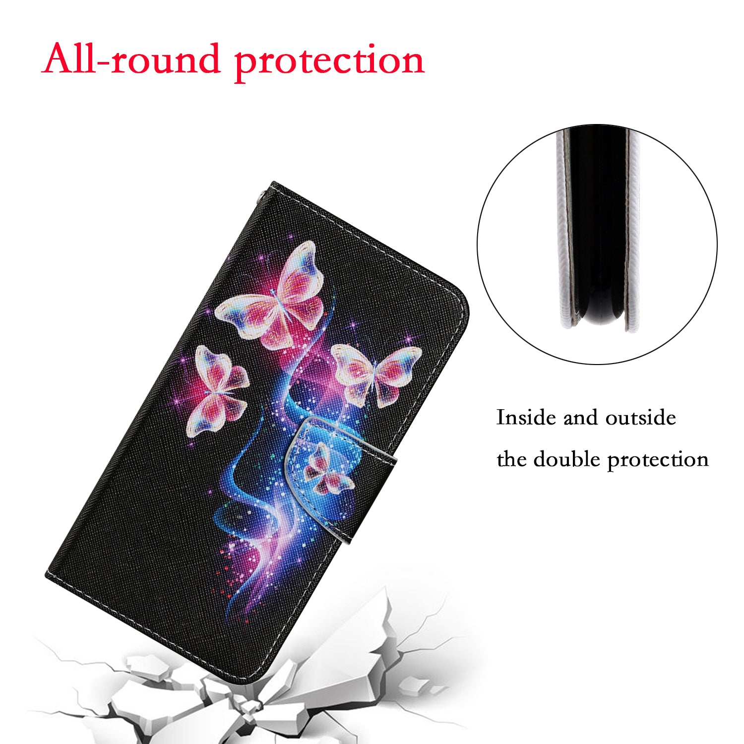 Unique Pattern Printing Wallet Stand Leather Case with Lanyard for Samsung Galaxy S20 Plus - Pink/Blue Butterflies