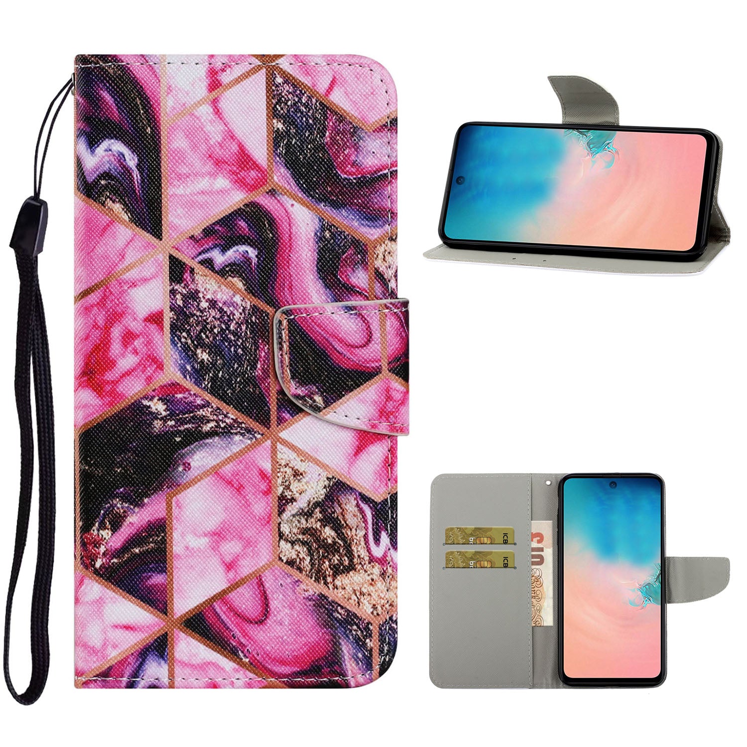 Unique Pattern Printing Wallet Stand Leather Case with Lanyard for Samsung Galaxy S20 Plus - Pink/Golden Diamonds