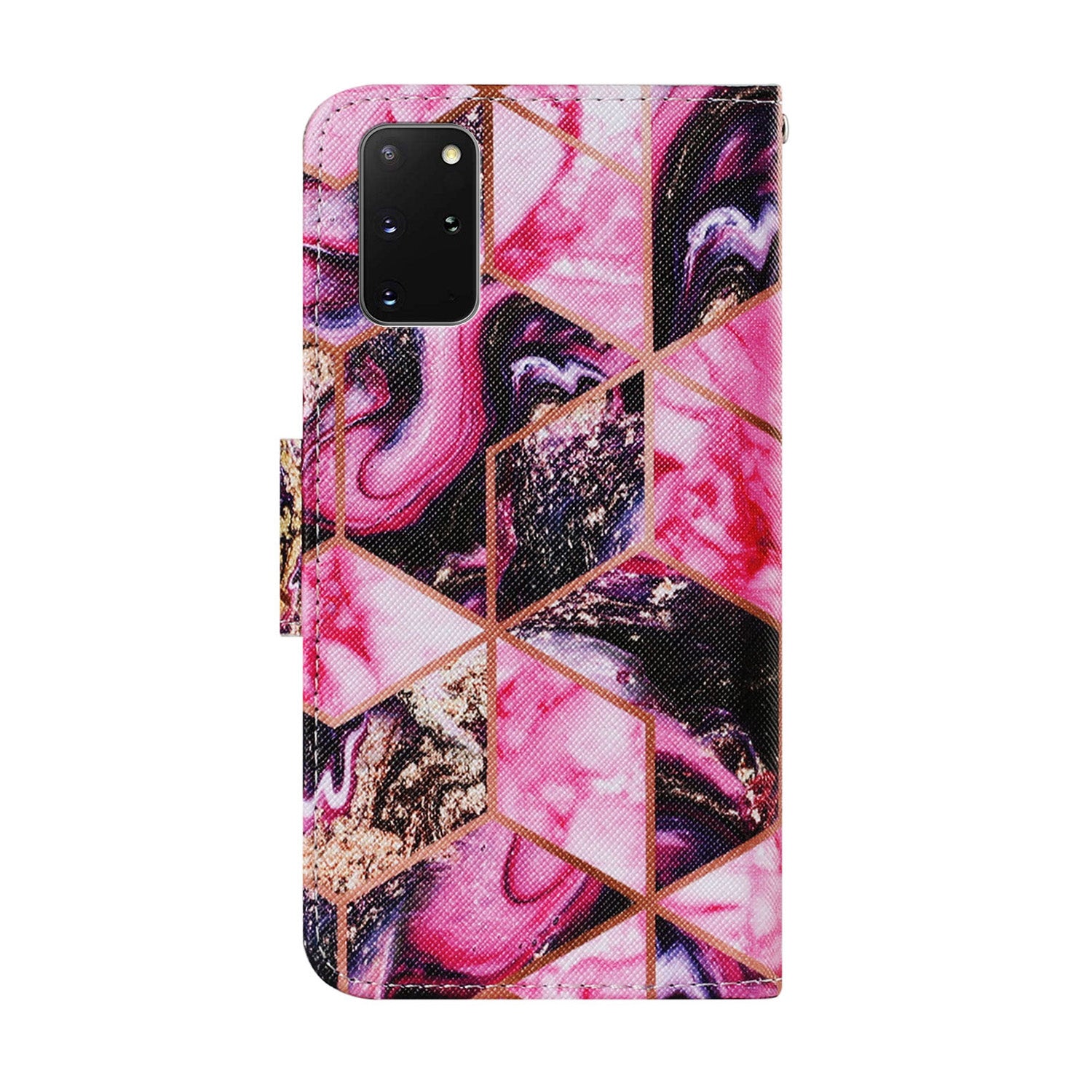 Unique Pattern Printing Wallet Stand Leather Case with Lanyard for Samsung Galaxy S20 Plus - Pink/Golden Diamonds