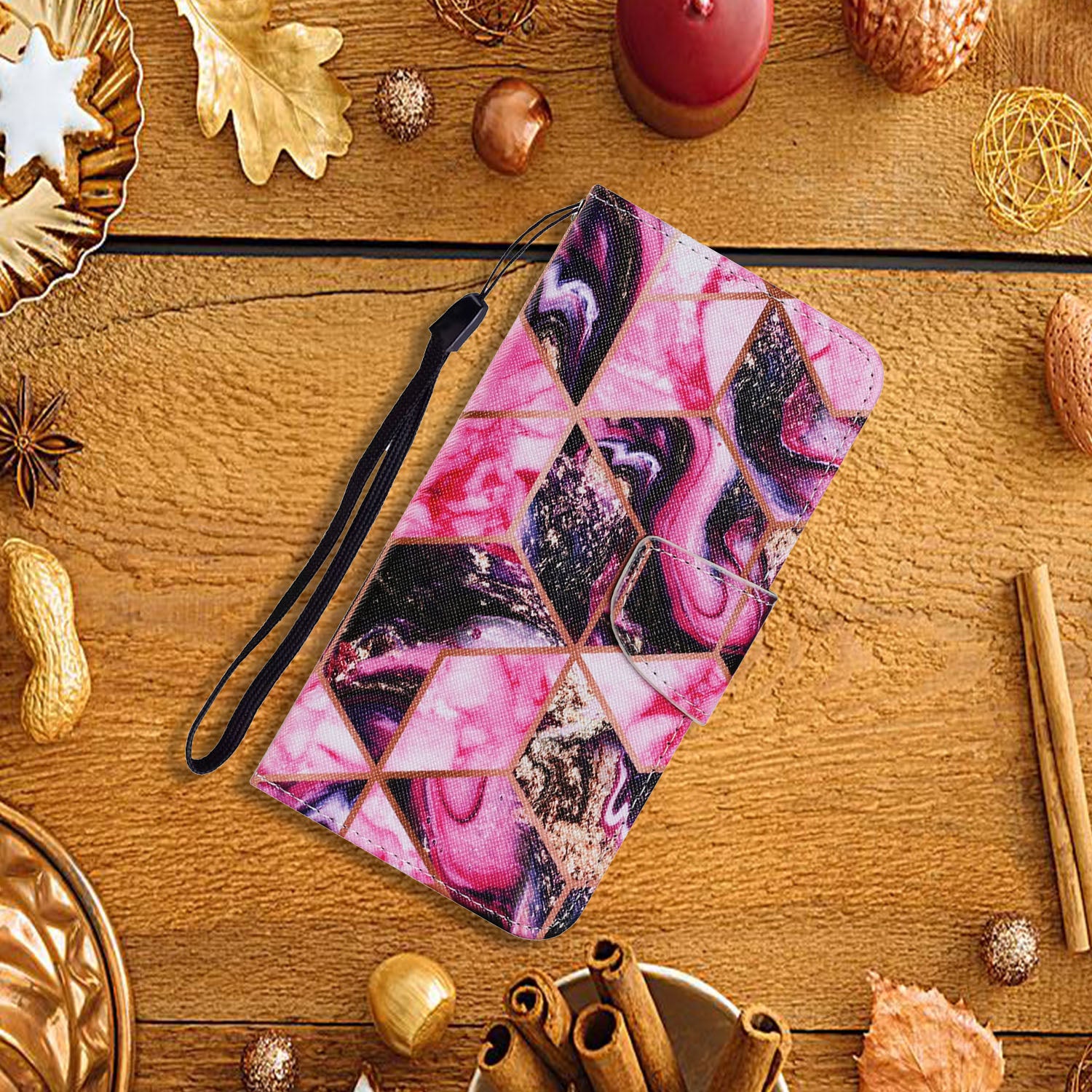 Unique Pattern Printing Wallet Stand Leather Case with Lanyard for Samsung Galaxy S20 Plus - Pink/Golden Diamonds