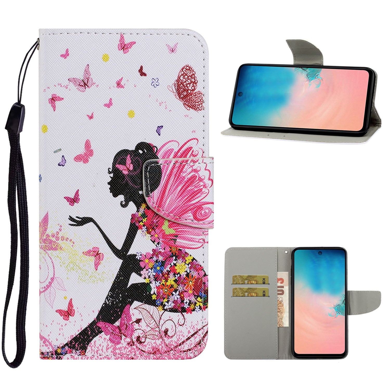 Unique Pattern Printing Wallet Stand Leather Case with Lanyard for Samsung Galaxy S20 Plus - Girl/Butterflies