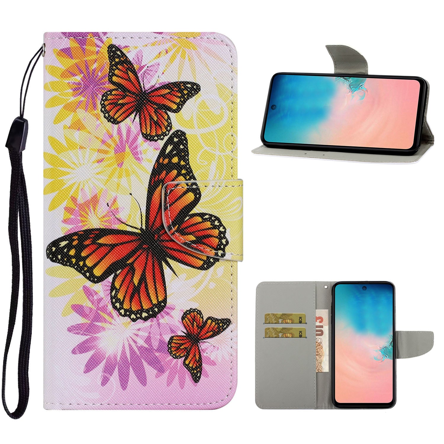 Unique Pattern Printing Wallet Stand Leather Case with Lanyard for Samsung Galaxy S20 Plus - Yellow Butterflies