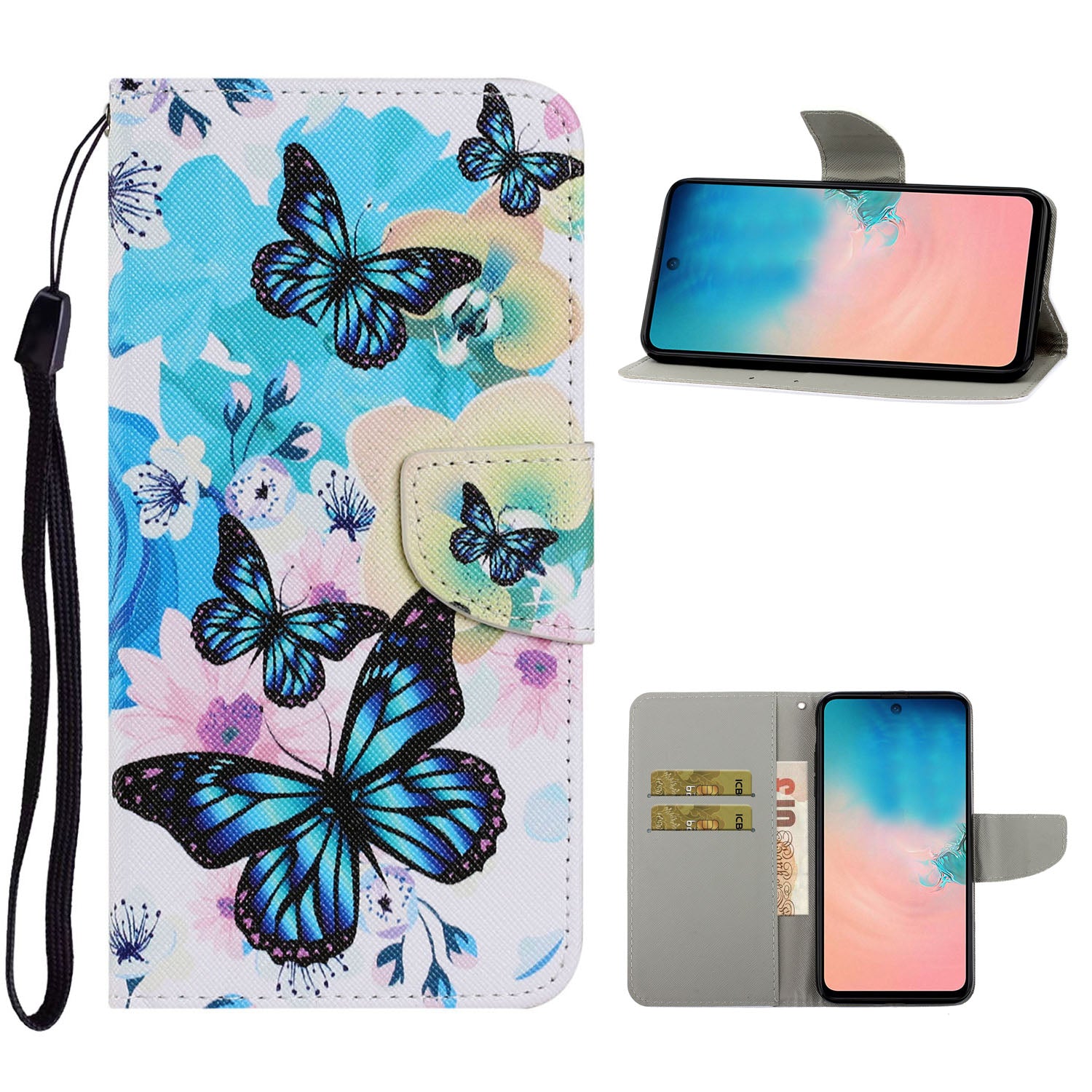 Unique Pattern Printing Wallet Stand Leather Case with Lanyard for Samsung Galaxy S20 Plus - Blue Butterflies