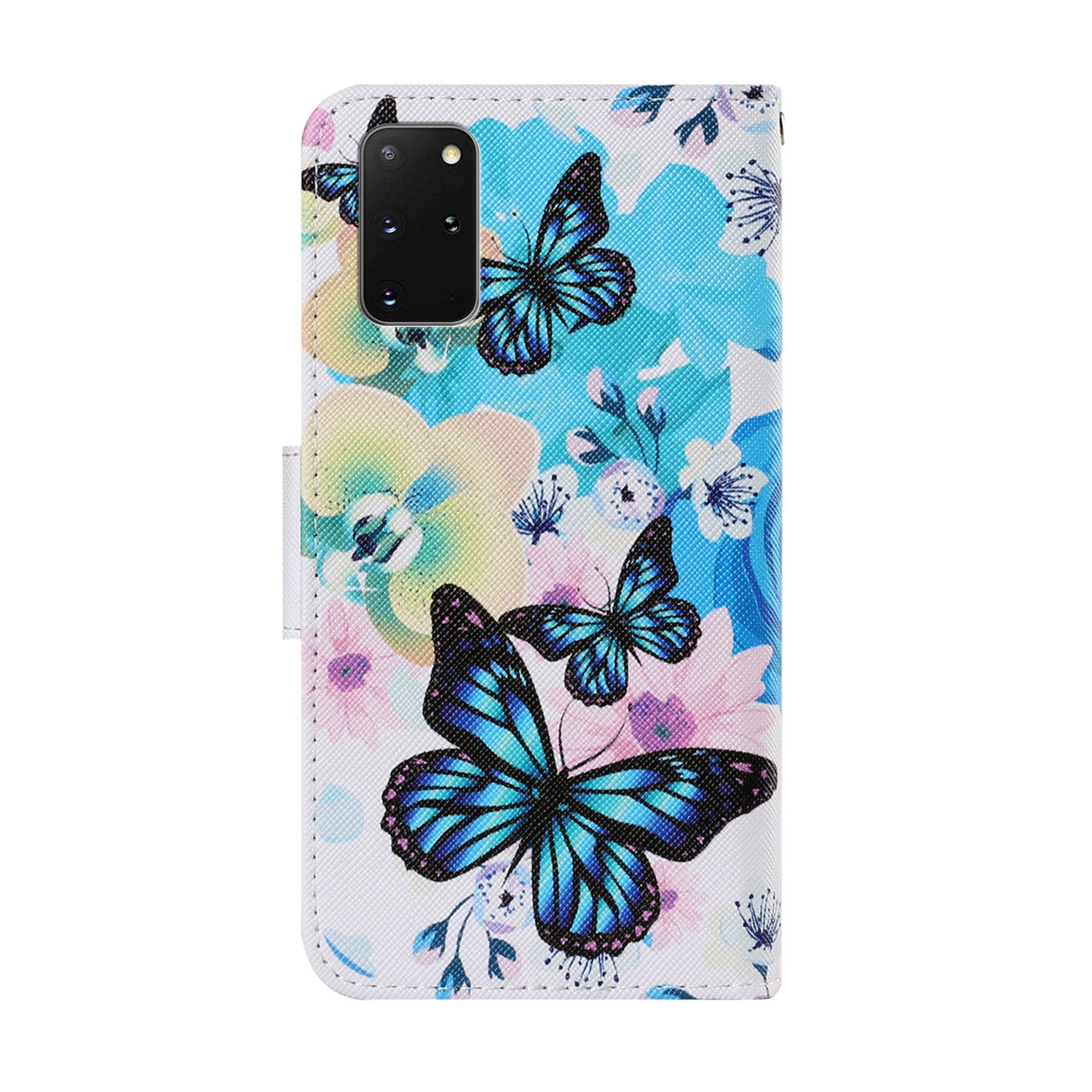 Unique Pattern Printing Wallet Stand Leather Case with Lanyard for Samsung Galaxy S20 Plus - Blue Butterflies