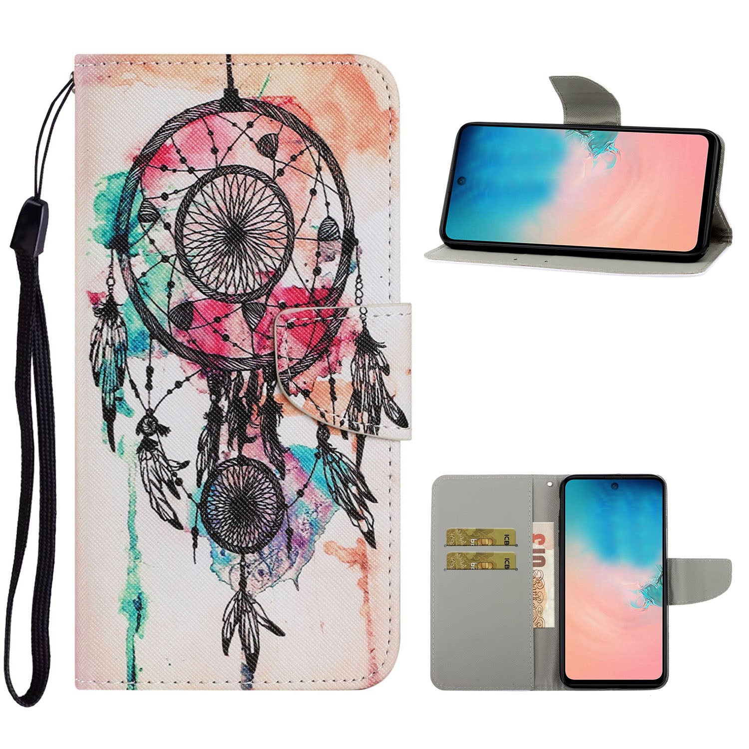 Unique Pattern Printing Wallet Stand Leather Case with Lanyard for Samsung Galaxy S20 Plus - Dreamcatcher